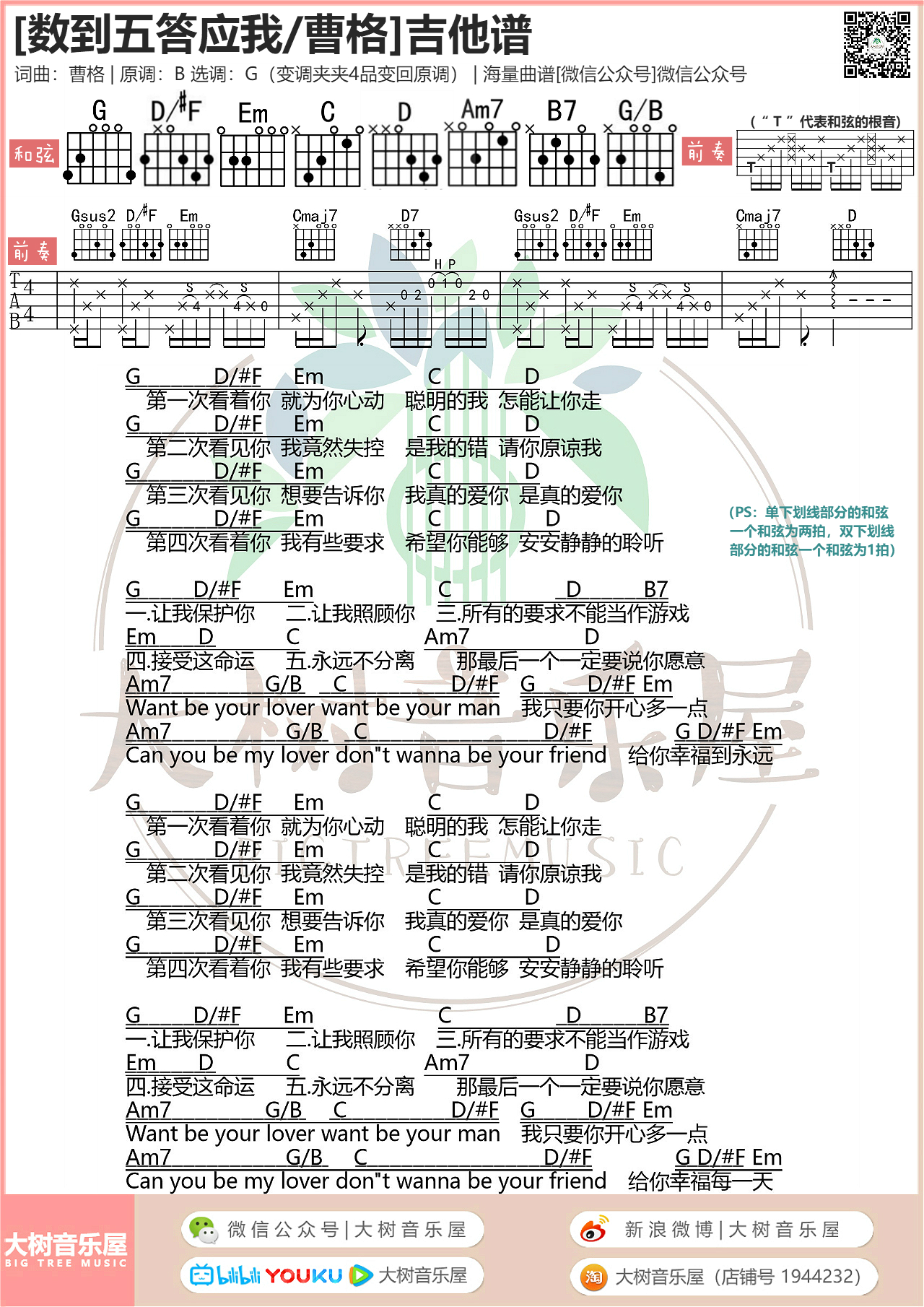 《数到五答应我吉他谱》_曹格_吉他图片谱1张 图1