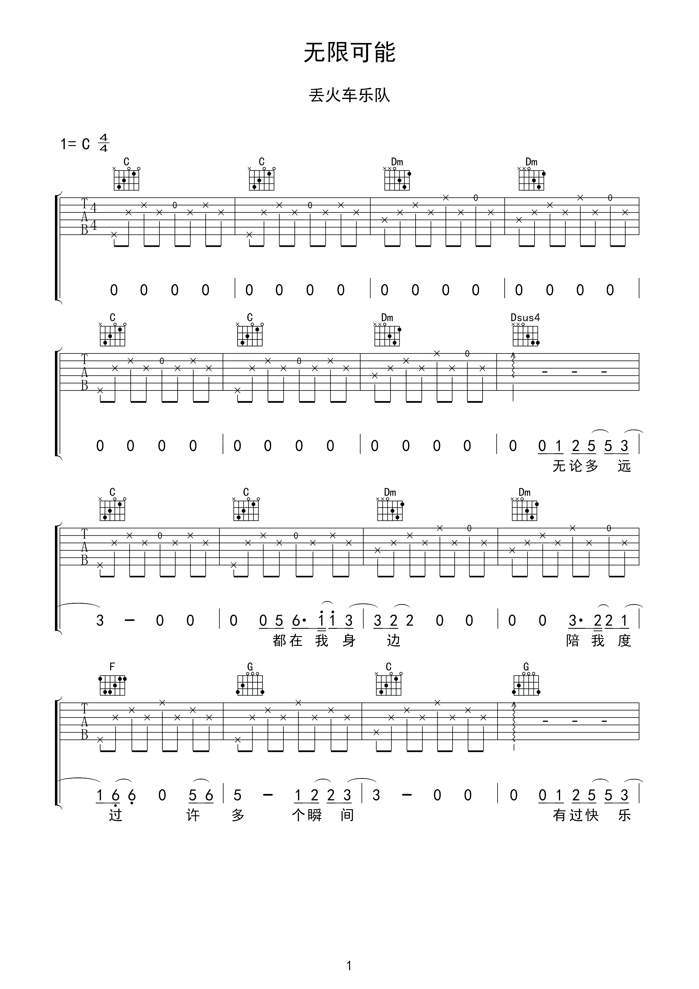 《无限可能吉他谱》_丢火车乐队_C调_吉他图片谱3张 图1