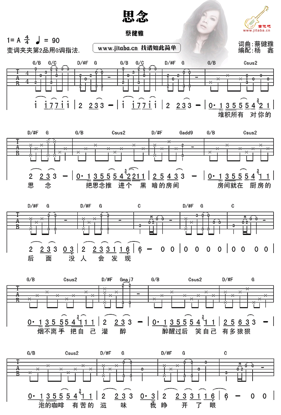 《思念吉他谱》_毛阿敏_G调_吉他图片谱3张 图1