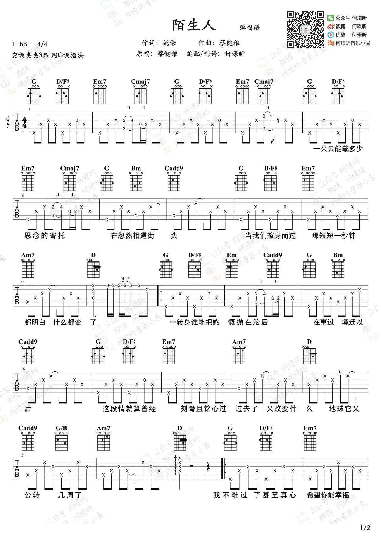 《陌生人吉他谱》_蔡健雅_G调_吉他图片谱3张 图1