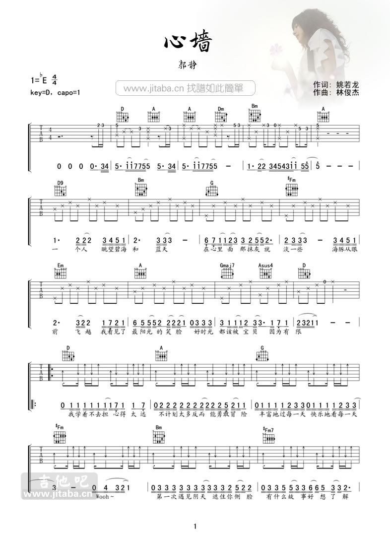 《心墙吉他谱》_六线谱乐队_D调_吉他图片谱2张 图1