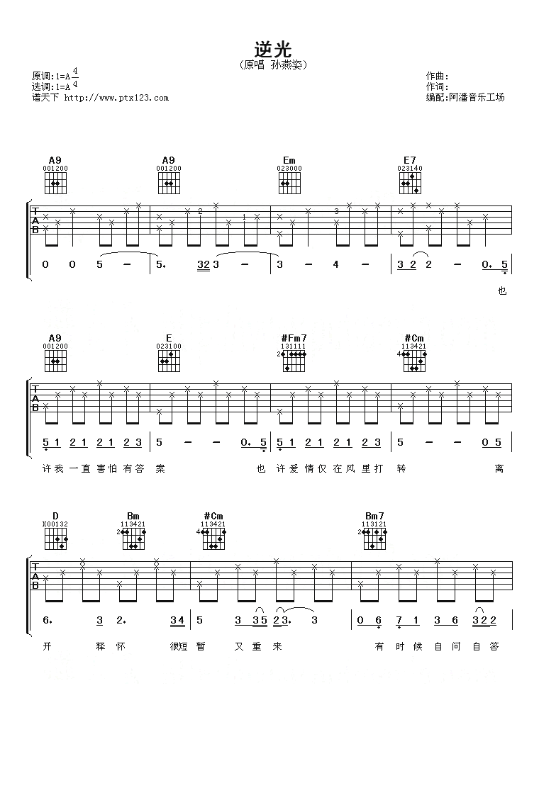 《逆光吉他谱》_孙燕姿_A调_吉他图片谱4张 图1