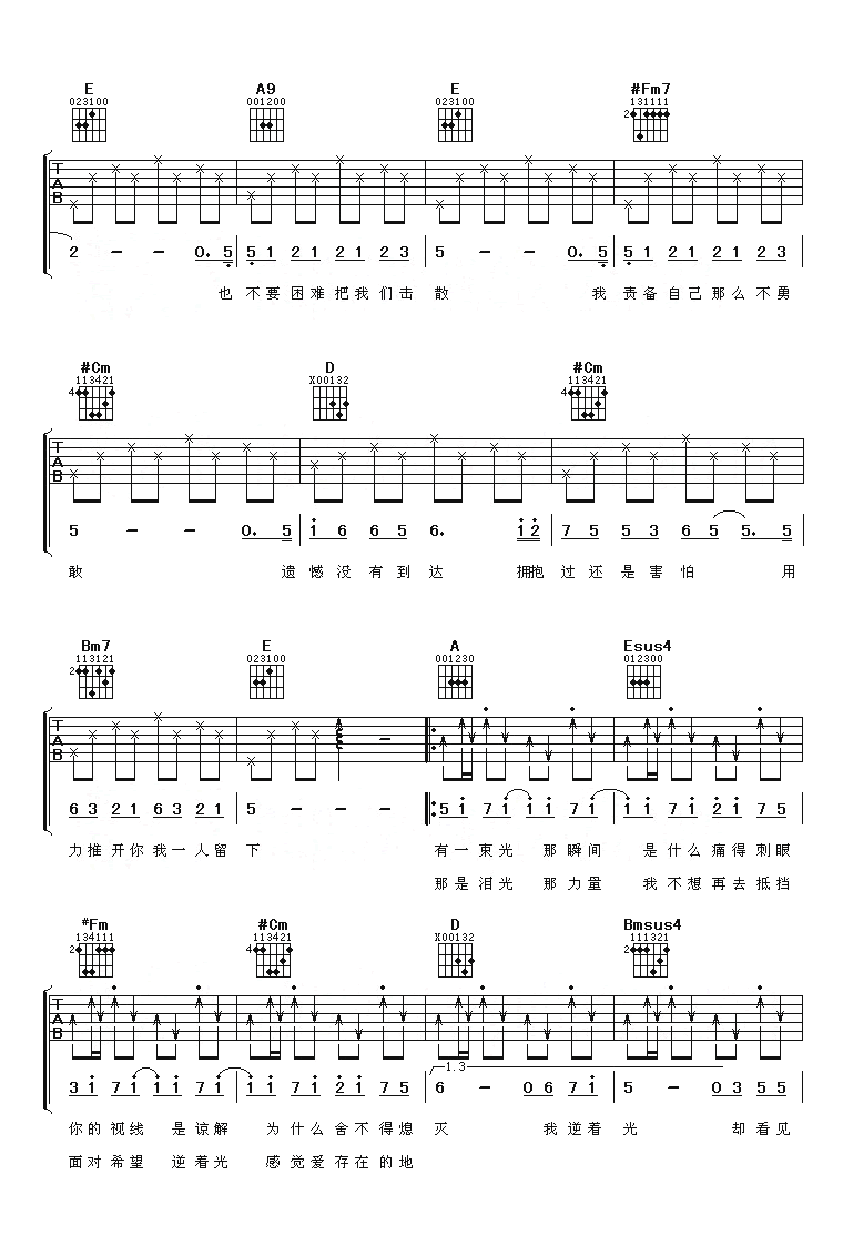 《逆光吉他谱》_孙燕姿_A调_吉他图片谱4张 图2