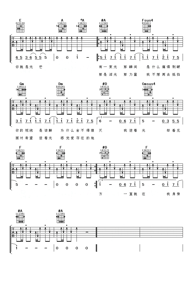 《逆光吉他谱》_孙燕姿_A调_吉他图片谱4张 图4