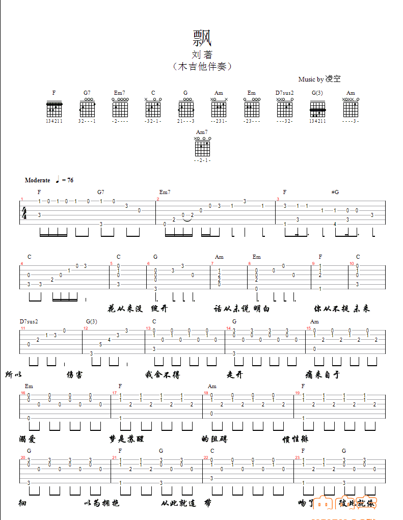 《飘吉他谱》_沙宝亮_F调_吉他图片谱2张 图1