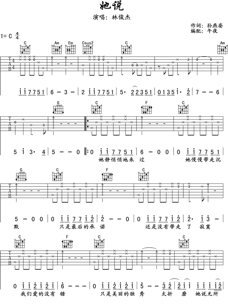 《她说吉他谱》_林俊杰_C调_吉他图片谱3张 图1
