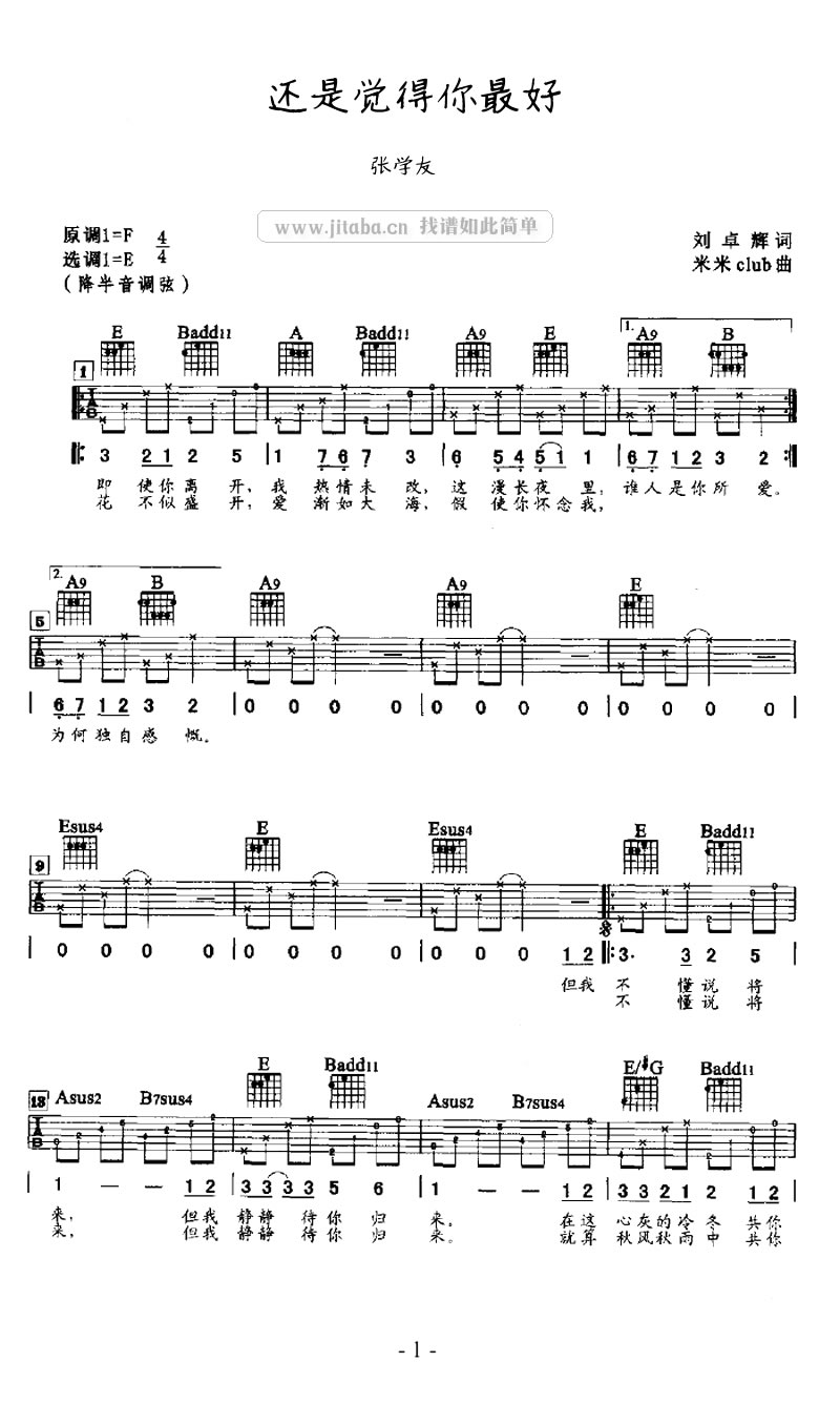 《还是觉得你最好吉他谱》_张学友__吉他六线谱好听_F调_吉他图片谱2张 图1