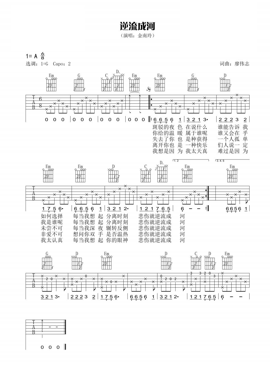 《逆流成河六线谱》_网络歌手_金南玲_ G调图片谱完整版_G调_吉他图片谱2张 图2