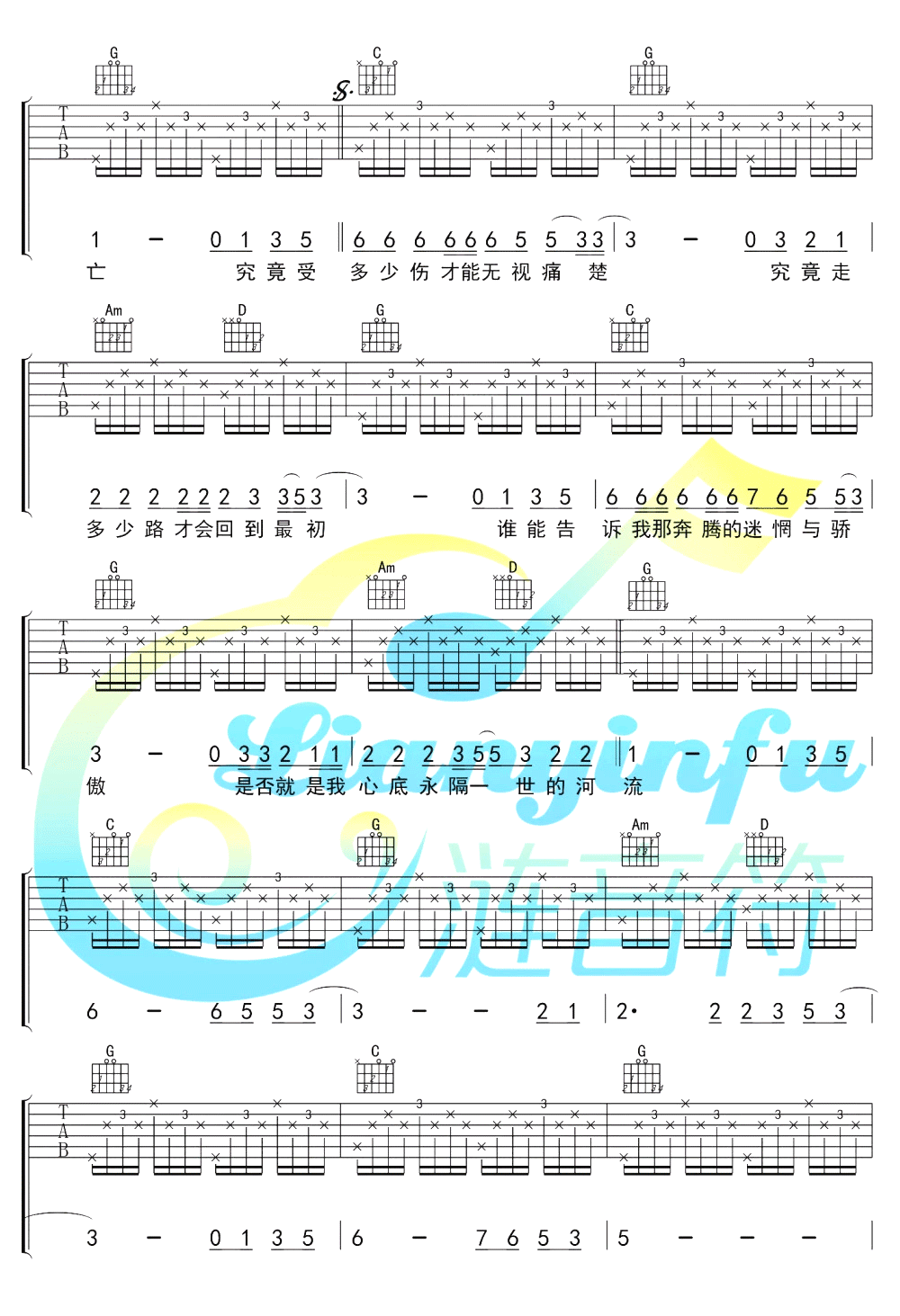 《河流吉他谱》_汪峰__G调图片谱完整版_G调_吉他图片谱5张 图4