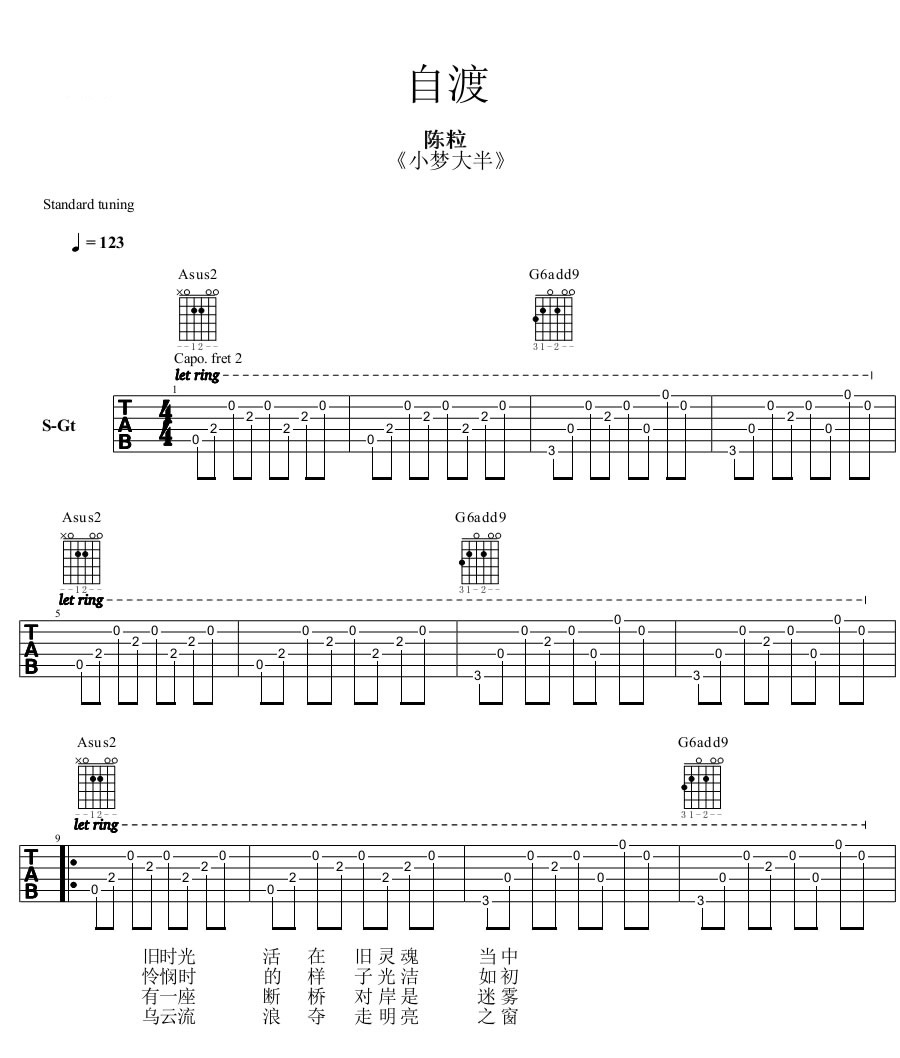《自渡吉他谱》_陈粒_吉他图片谱4张 图2