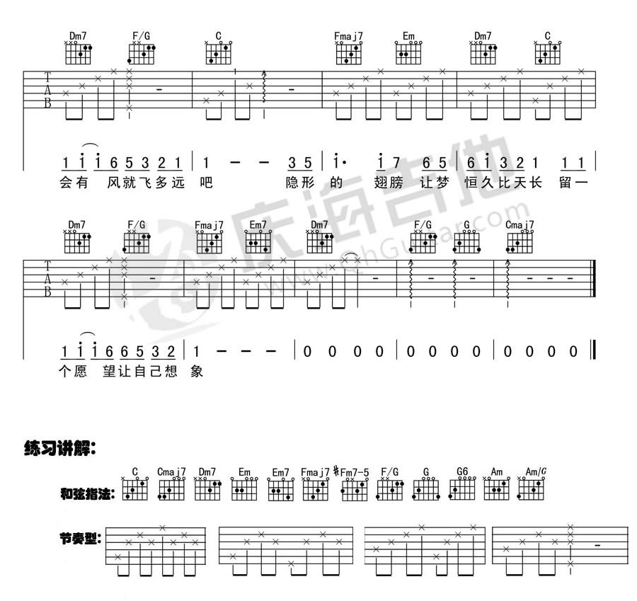 《隐形的翅膀吉他谱》_张韶涵_C调_吉他图片谱3张 图3