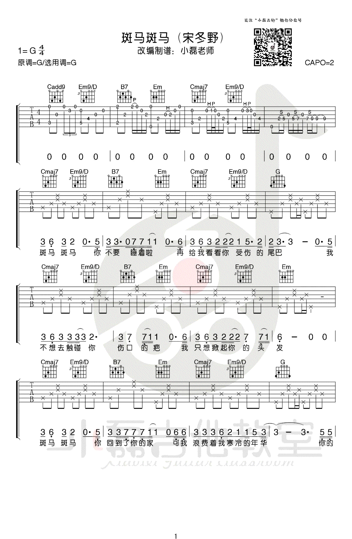 《斑马斑马吉他谱》_宋冬野_原版弹唱谱的__吉他教学视频_G调_吉他图片谱1张 图1