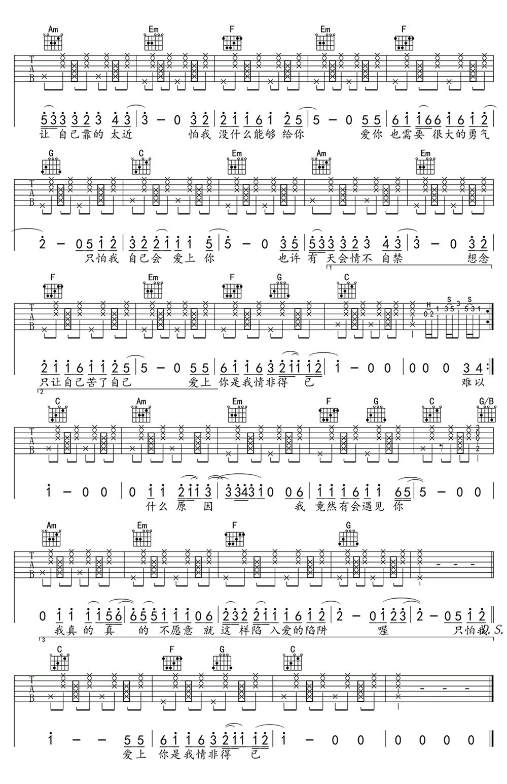 《情非得已吉他谱》_庾澄庆__C调图片谱完整版_C调_吉他图片谱3张 图3