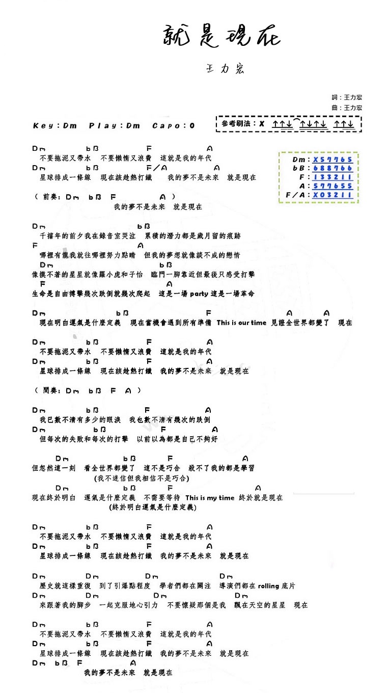 《就是现在吉他谱》_刀郎、云朵、王瀚仪、王琴_王力宏_弹唱图片谱完整版_吉他图片谱2张 图2