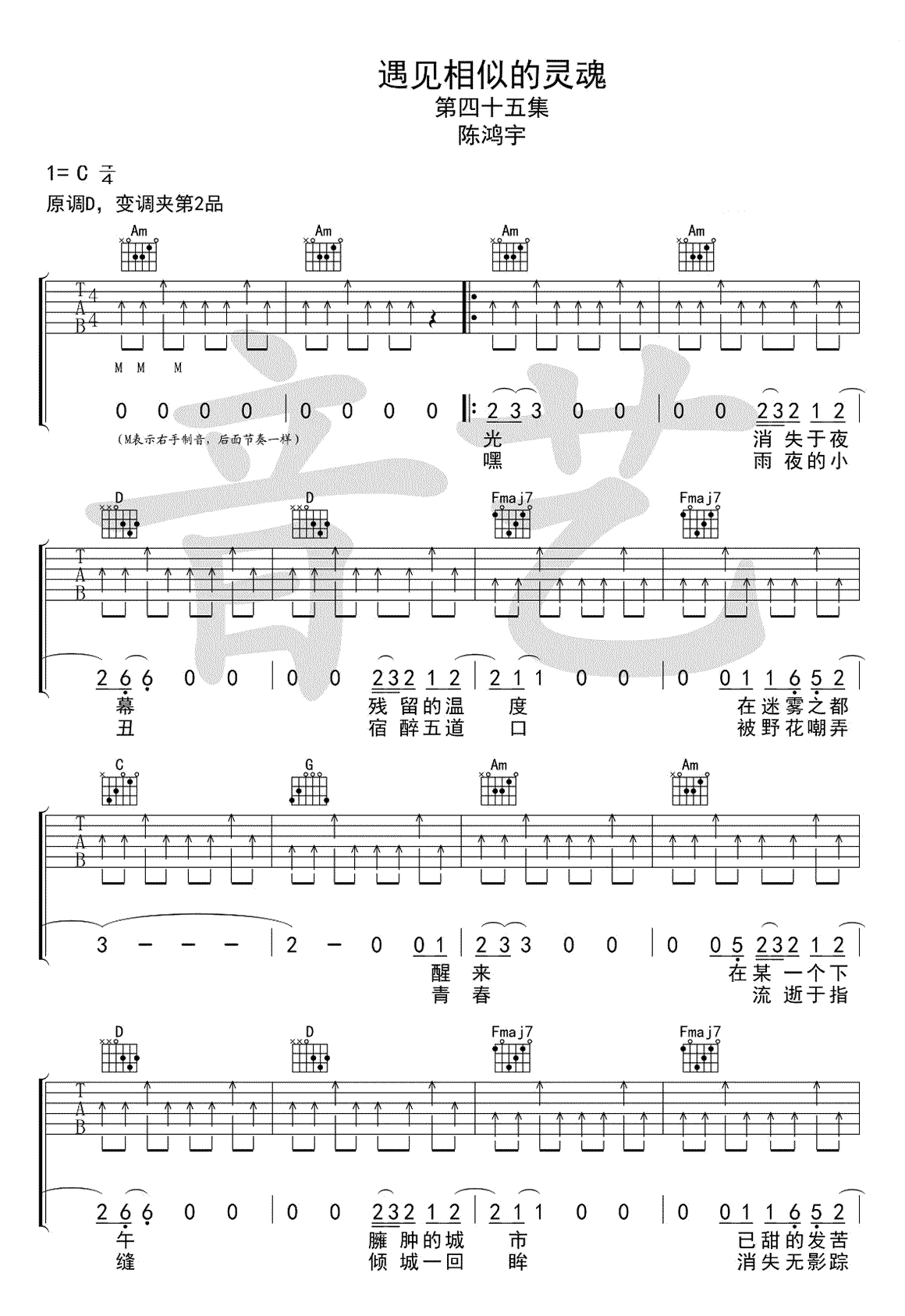 《遇见相似的灵魂吉他谱》_代鑫、陈鸿宇_陈鸿宇_C调六线谱标准版_C调_吉他图片谱4张 图2