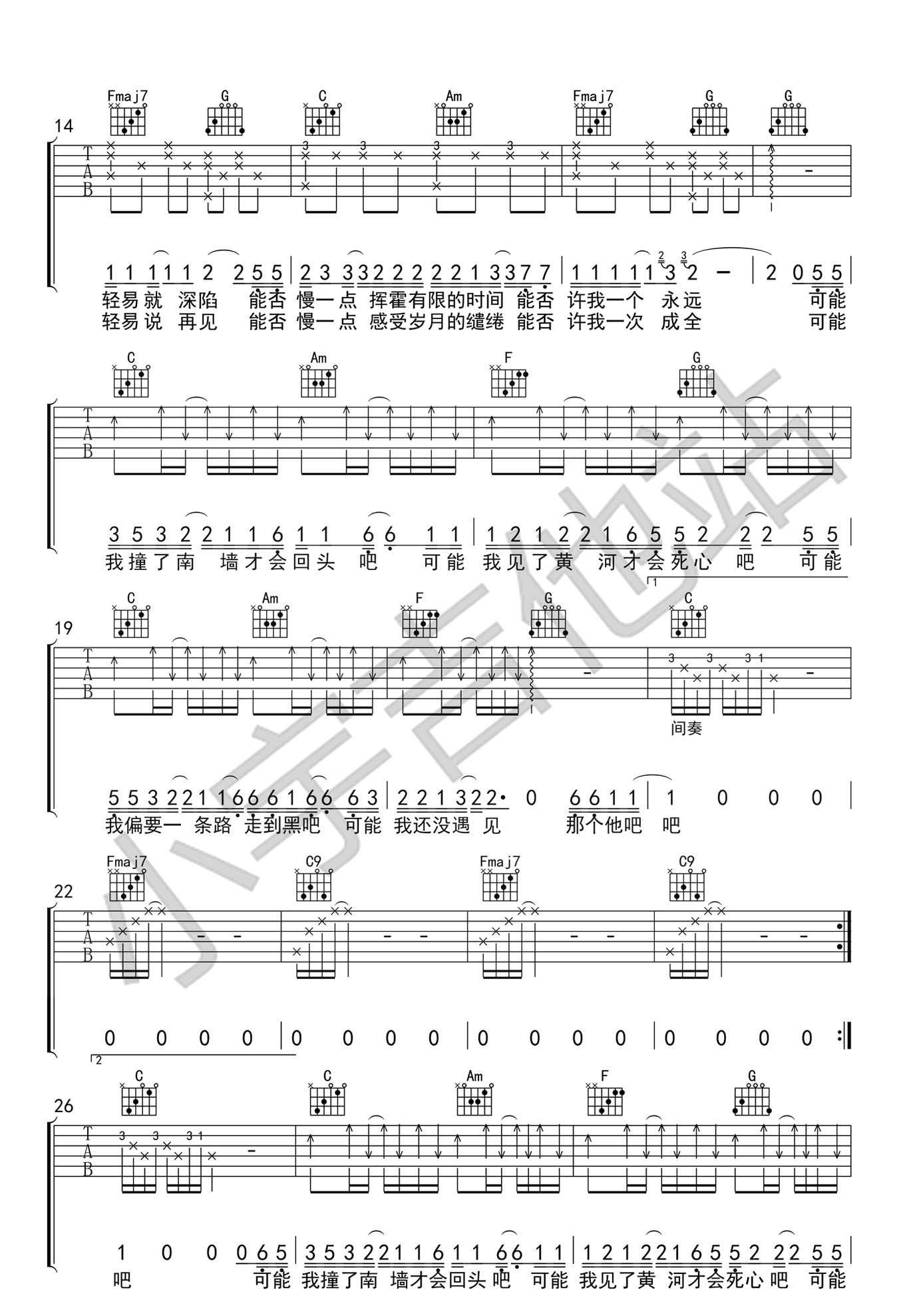 《可能否吉他谱》_洛晴_C调_吉他图片谱3张 图2