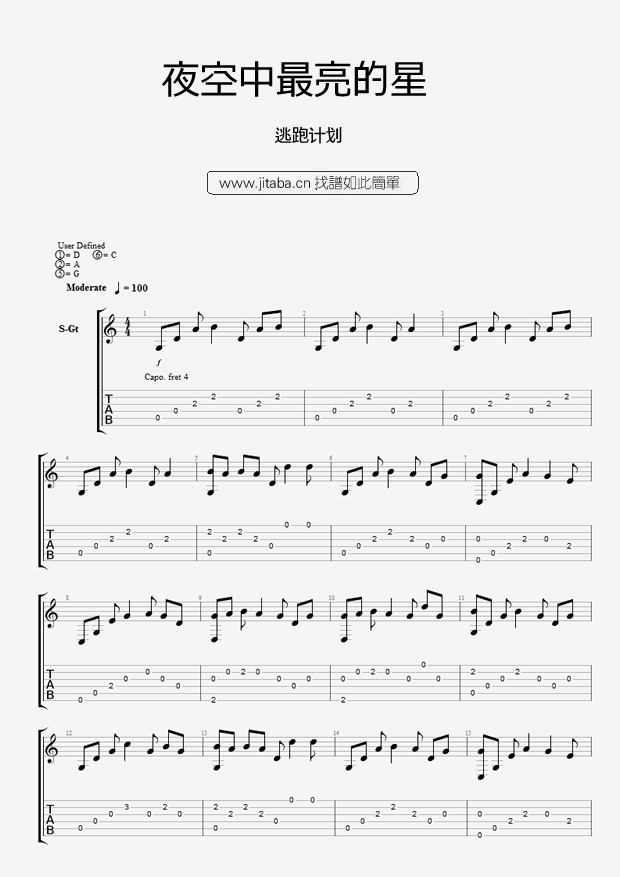 《夜空中最亮的星指弹谱》_弦钉_GTP_逃跑计划_吉他图片谱1张 图1