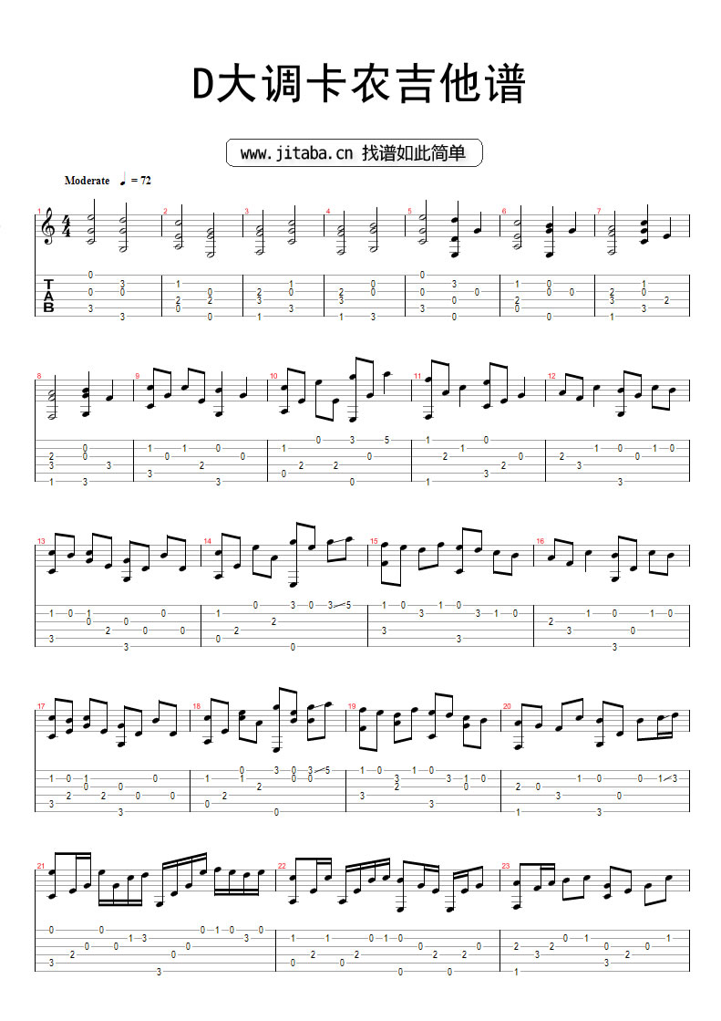 卡农gtp吉他谱纯音乐d大调卡农canon独奏曲谱吉他图片谱1张