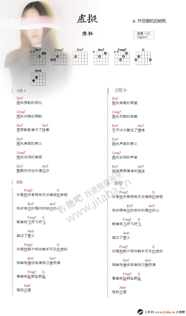 《虚拟吉他谱》_陈粒_C调_吉他图片谱1张 图1