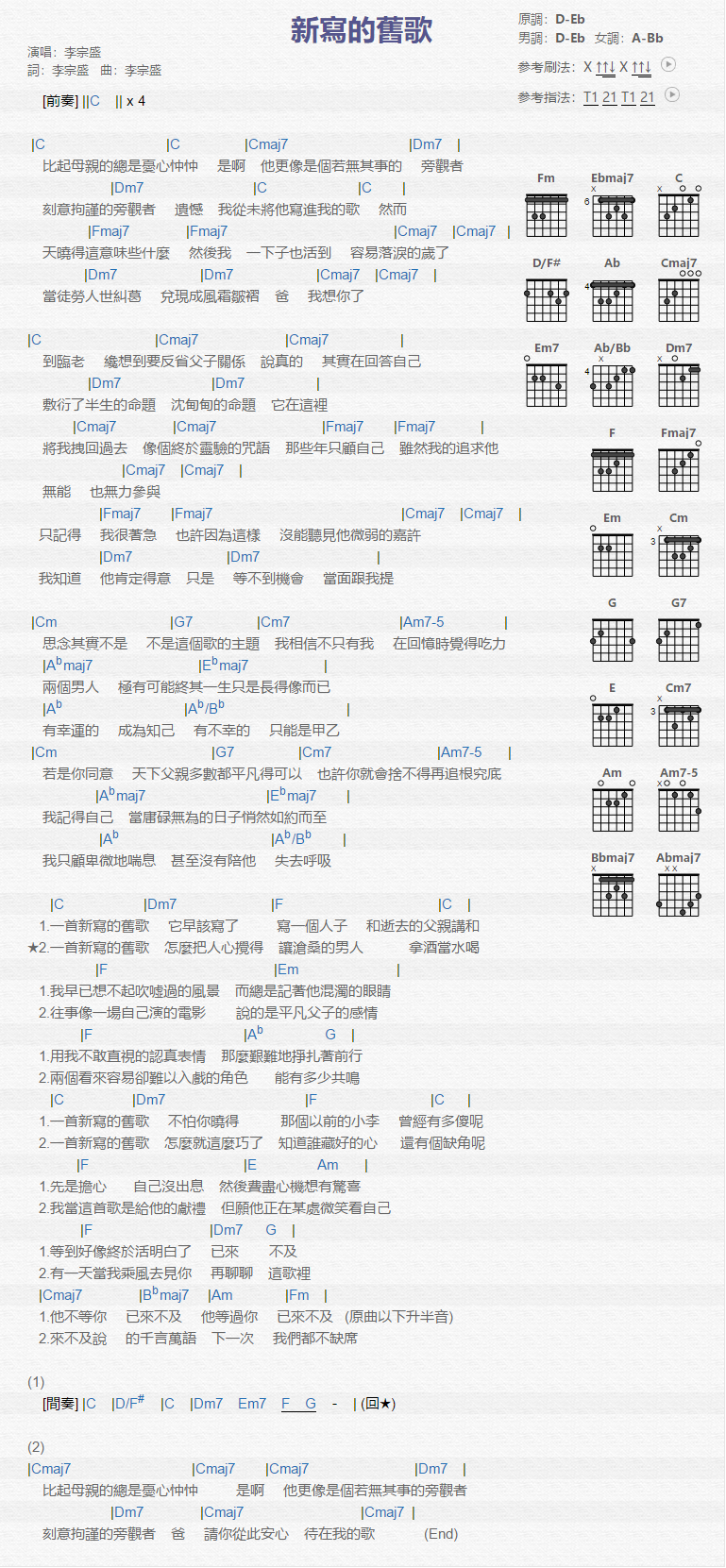 《新写的旧歌吉他谱》_李宗盛__图片谱高清版_吉他图片谱1张 图1