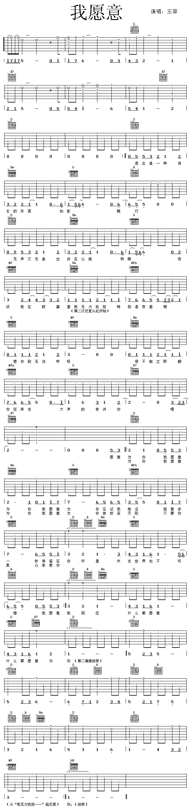 《我愿意吉他谱》_王菲__图片谱完整版_吉他图片谱1张 图1