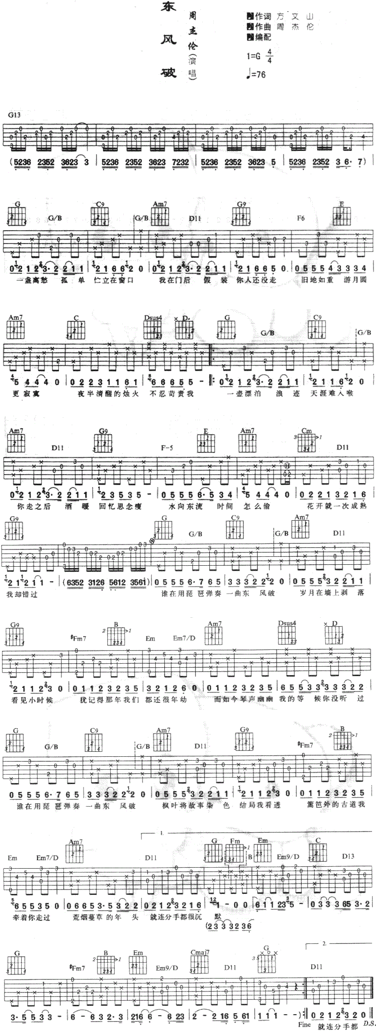 《东风破吉他谱》_周杰伦__图片谱完整版_吉他图片谱1张 图1