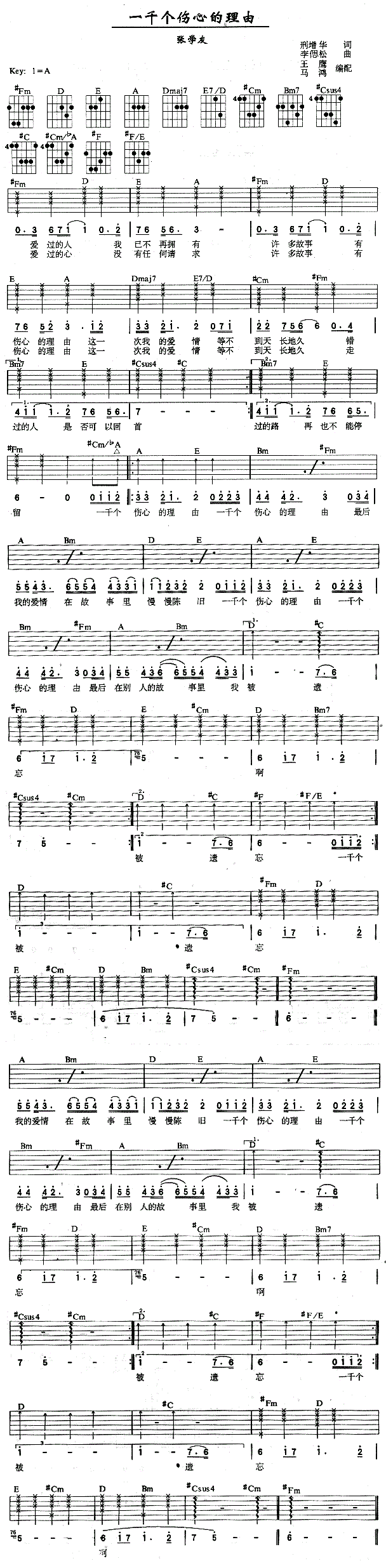 《一千个伤心的理由吉他谱》_张学友__图片谱标准版_吉他图片谱1张 图1