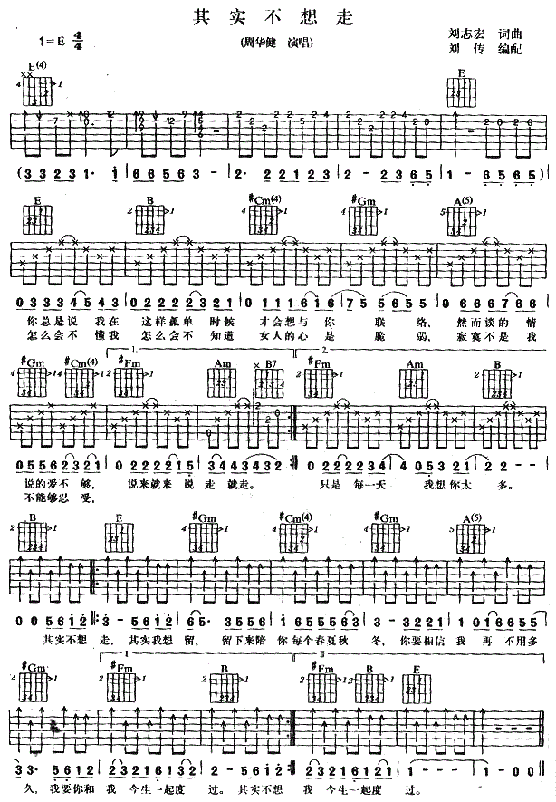 《其实不想走吉他谱》_周华健__图片谱完整版_E调_吉他图片谱1张 图1