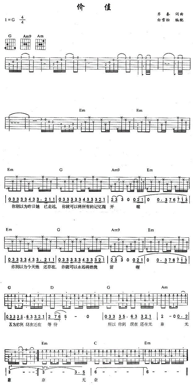 《价值吉他谱》_东方关达_齐秦_图片谱完整版_G调_吉他图片谱1张 图1