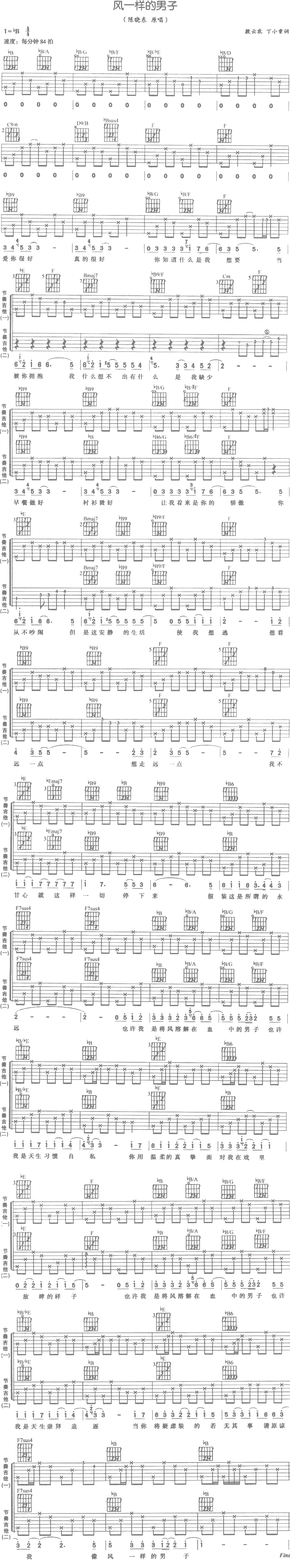 《风一样的男子吉他谱》_陈晓东__图片谱完整版_吉他图片谱1张 图1