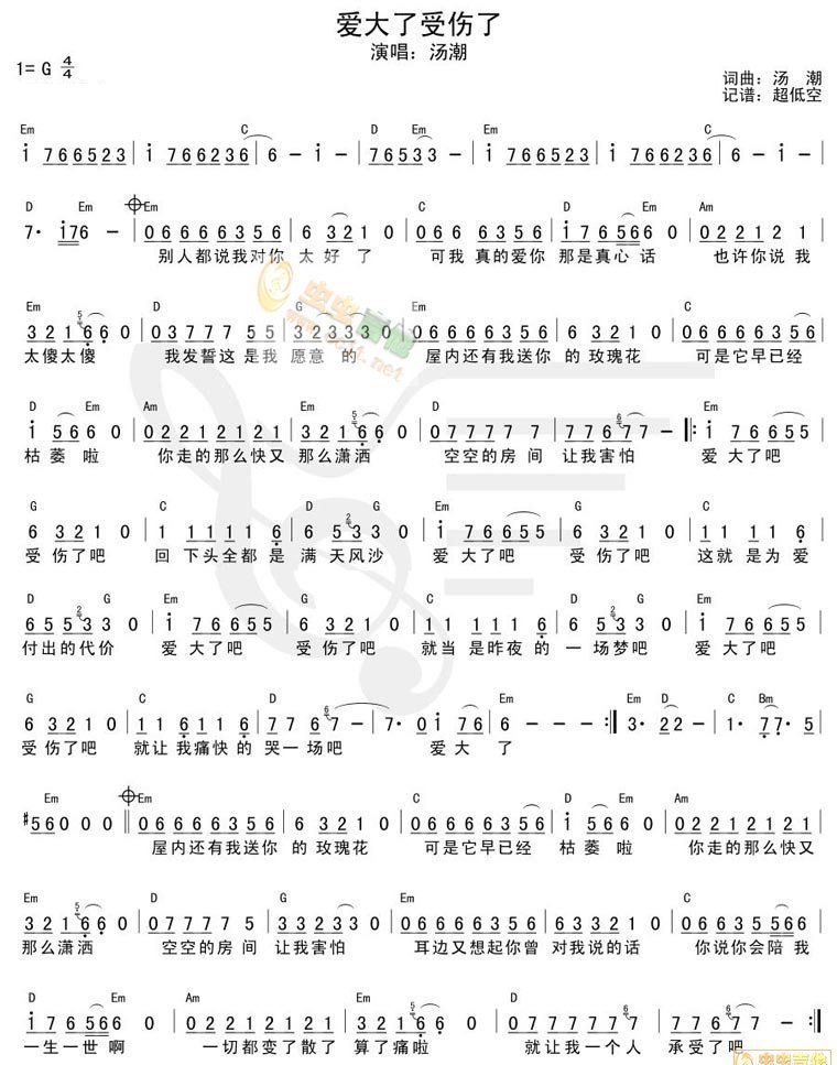 《爱大了受伤了吉他谱》_汤潮__图片谱完整版_吉他图片谱1张 图1