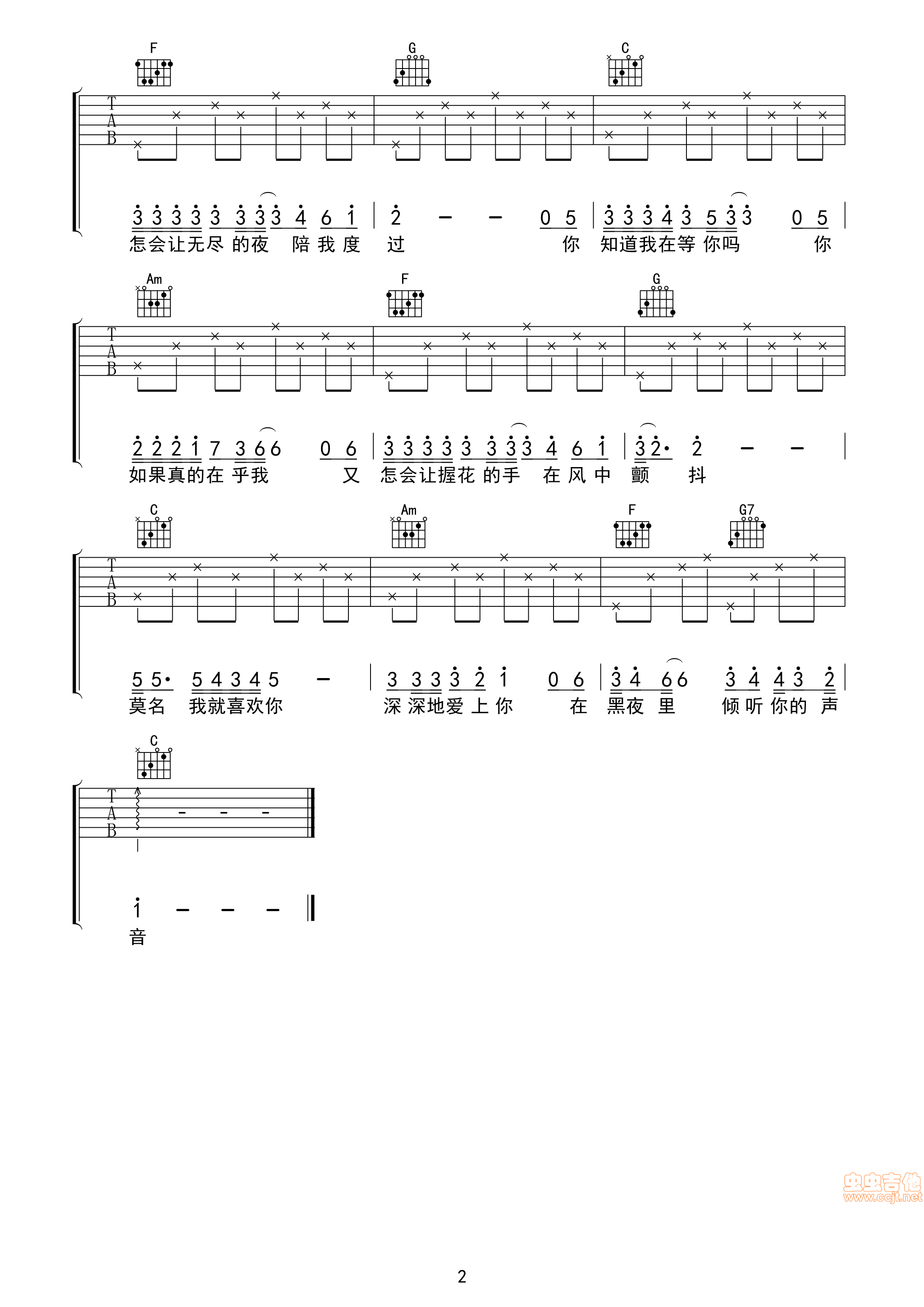 《你知道我在等你吗吉他谱》_张洪量__图片谱标准版_吉他图片谱2张 图2