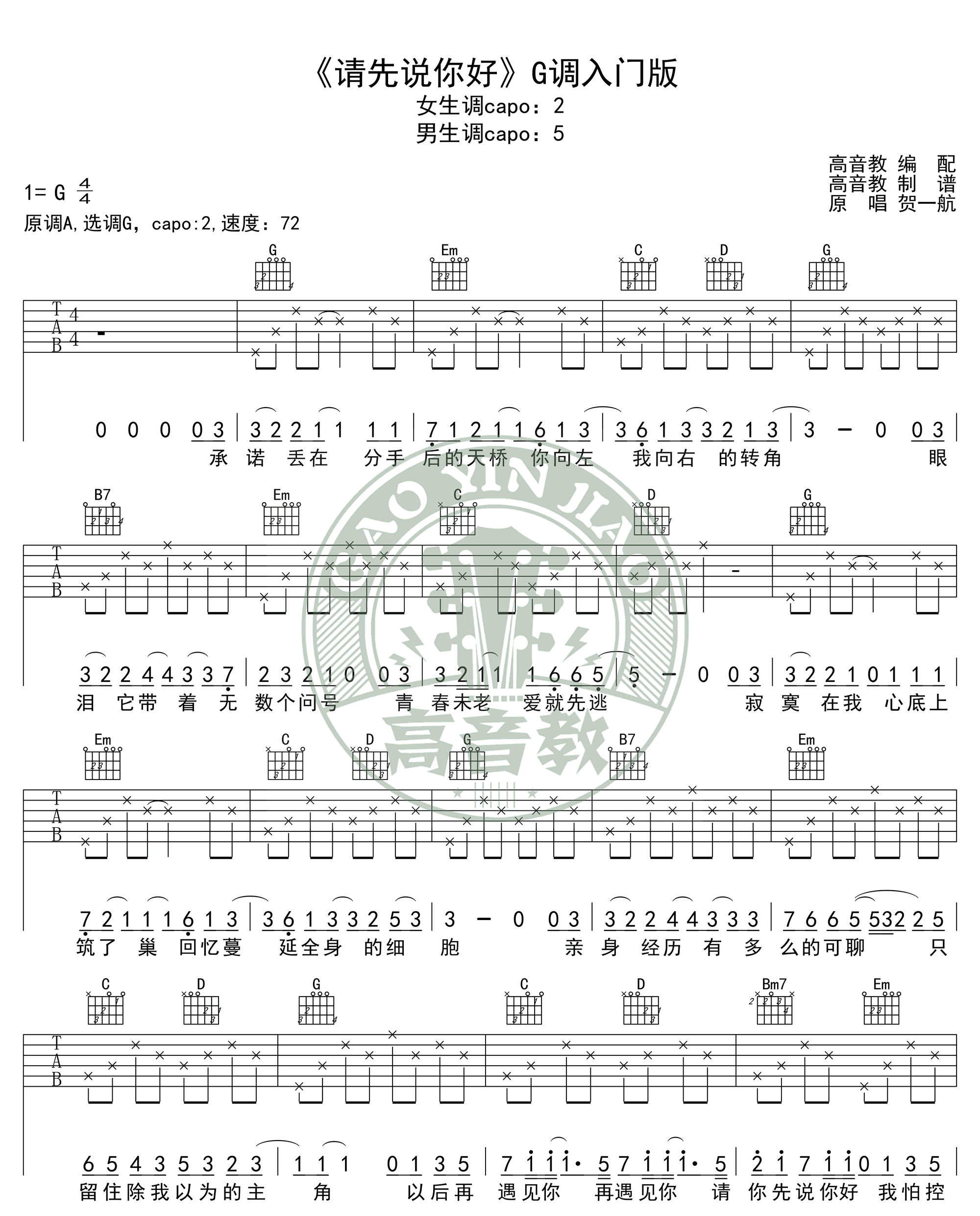 《请先说你好吉他谱》_贺一航__G调入门版_G调_吉他图片谱3张 图2