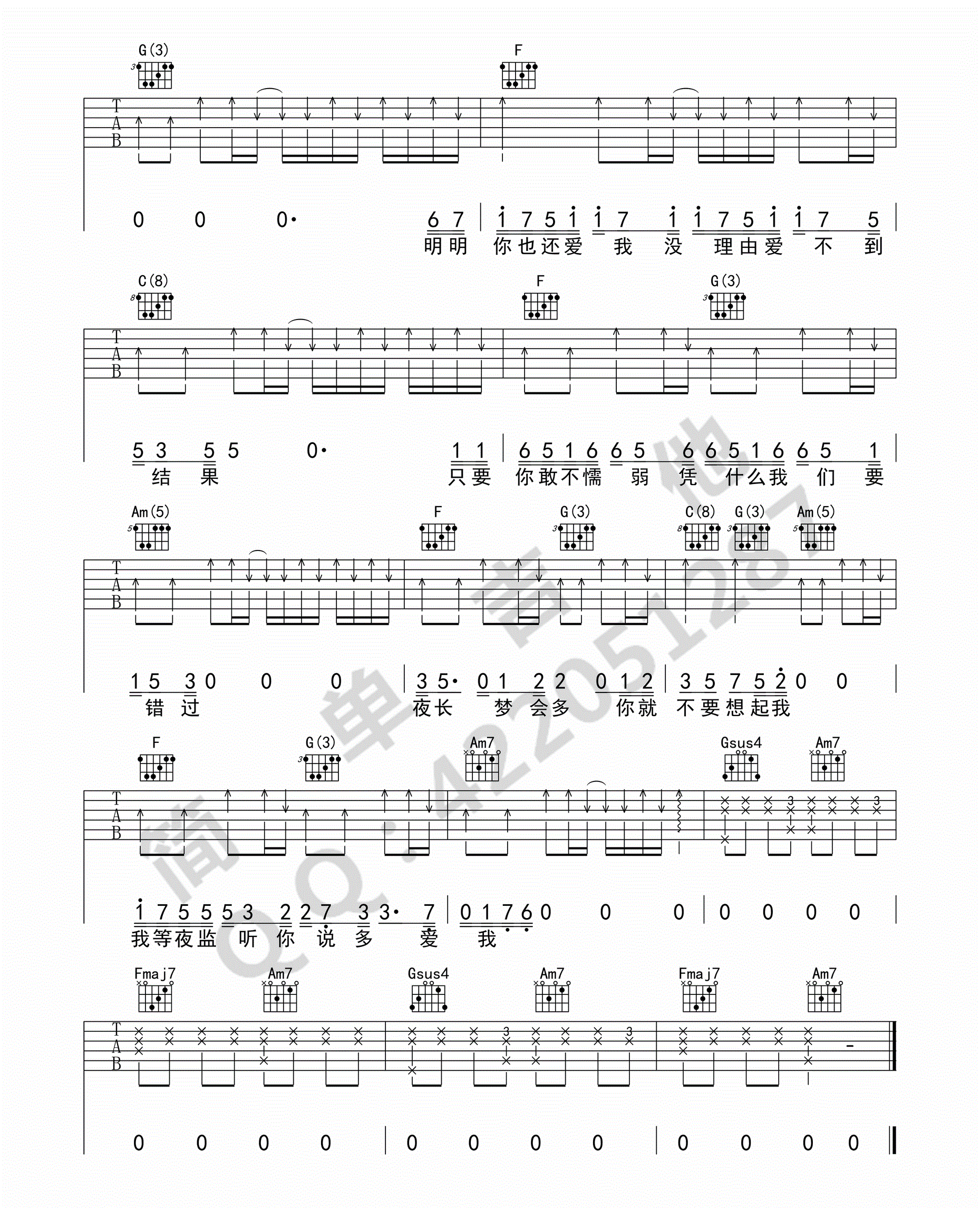 《你就不要想起我吉他谱》_田馥甄__C调六线谱标准版_C调_吉他图片谱3张 图3