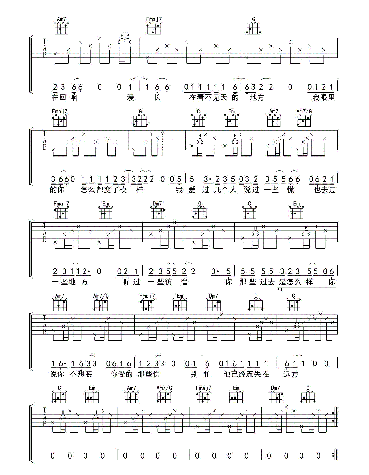 《七月的南方吉他谱》_莫倪moni_莫倪_C调六线谱完整版_C调_吉他图片谱3张 图2