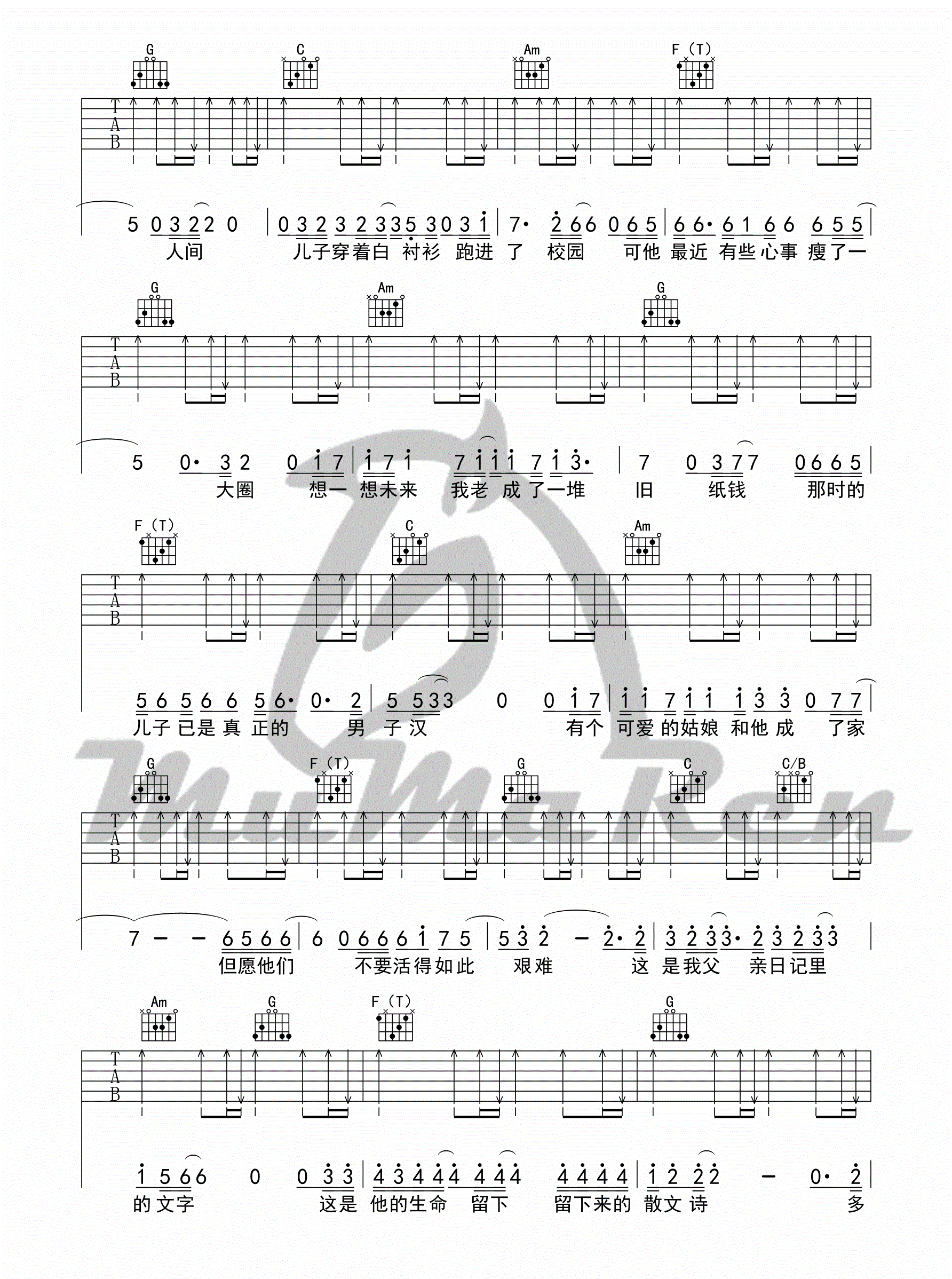 《父亲的写散文诗》吉他谱-许飞-C调简单版弹唱谱-高清图片谱-吉他源