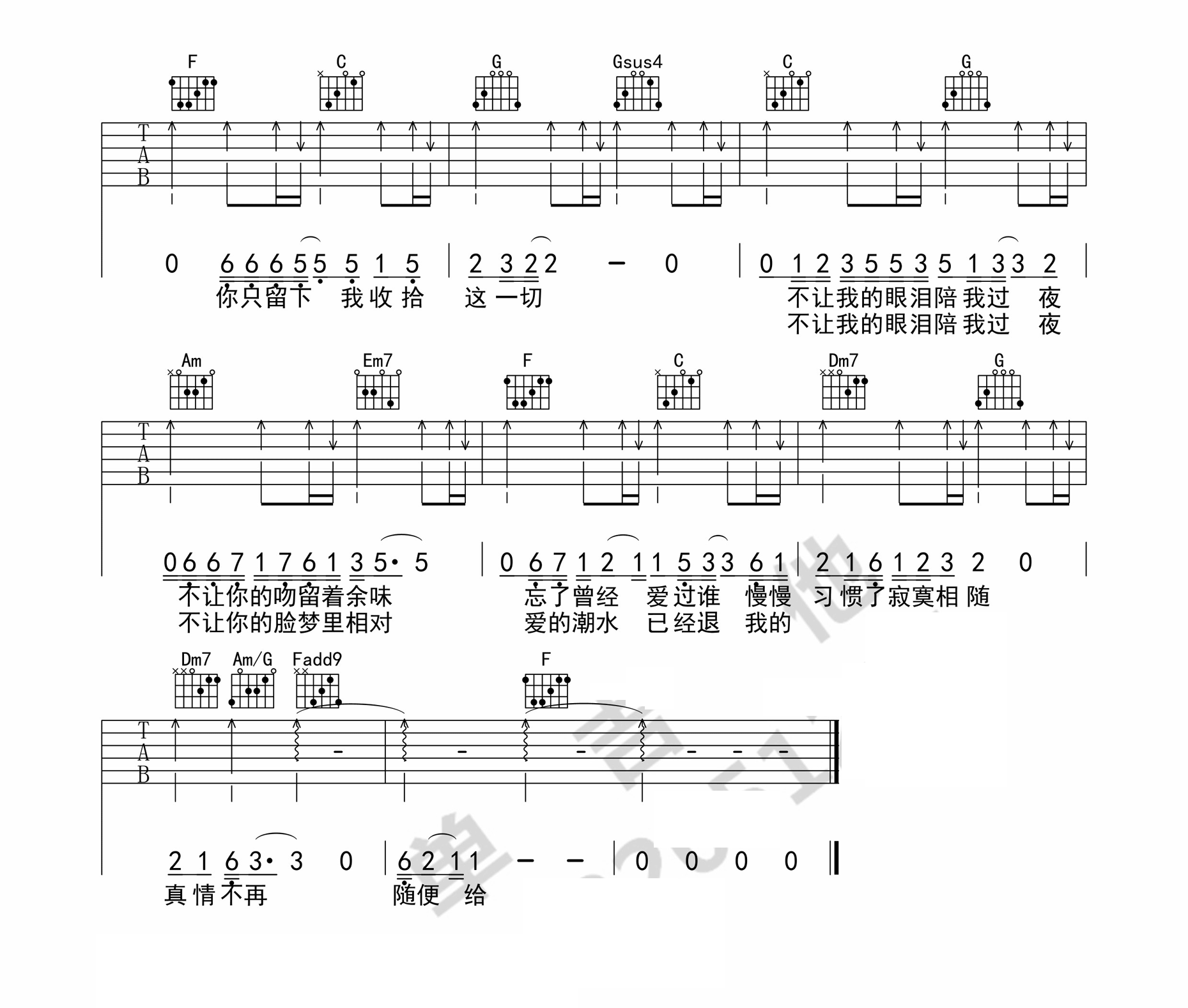 《让我的眼泪陪我过夜吉他谱》_齐秦__图片谱完整版_C调_吉他图片谱3张 图3