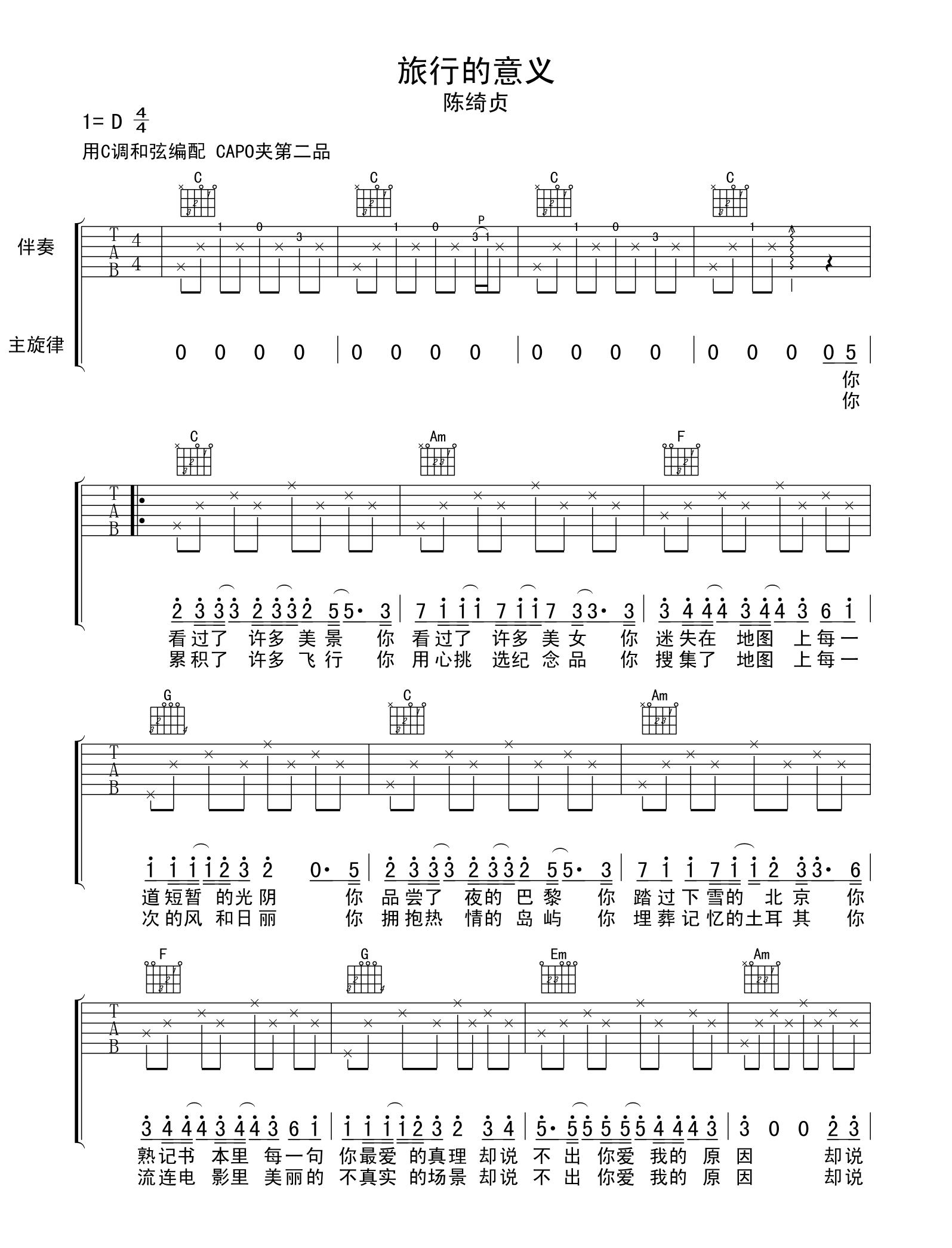 《旅行的意义吉他谱》_陈绮贞__C调六线谱标准版_C调_吉他图片谱3张 图1