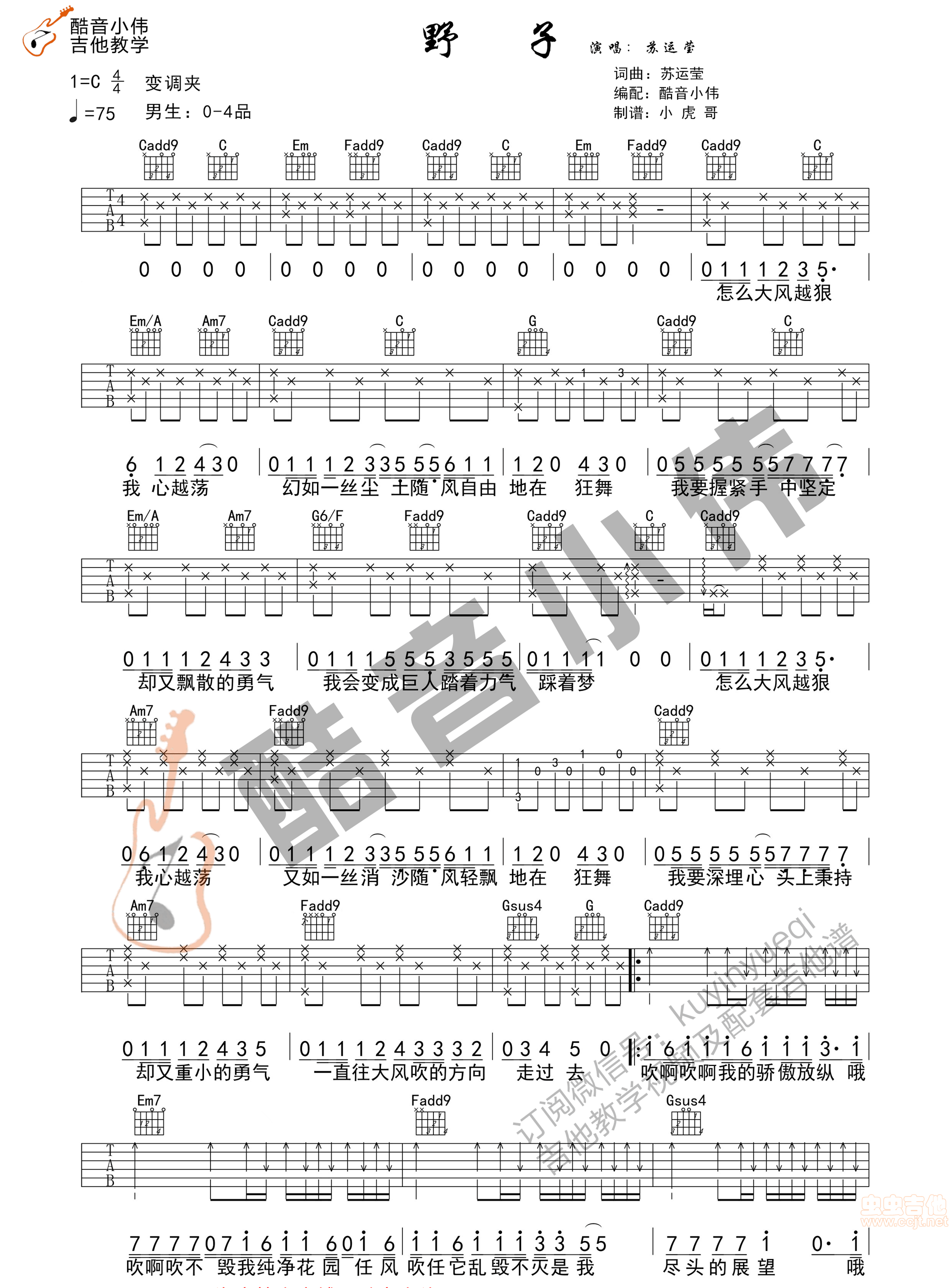 《野子吉他谱》_苏运莹_C调_吉他图片谱2张 图1