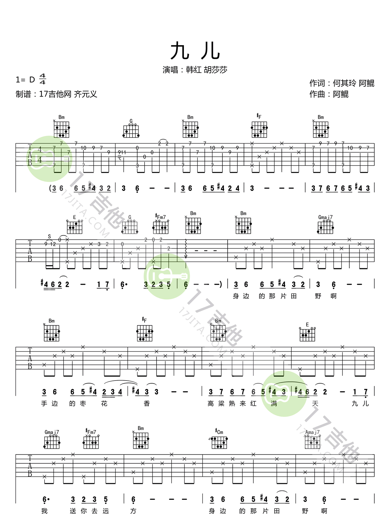 《九儿吉他谱》_韩红_D调_吉他图片谱3张 图2