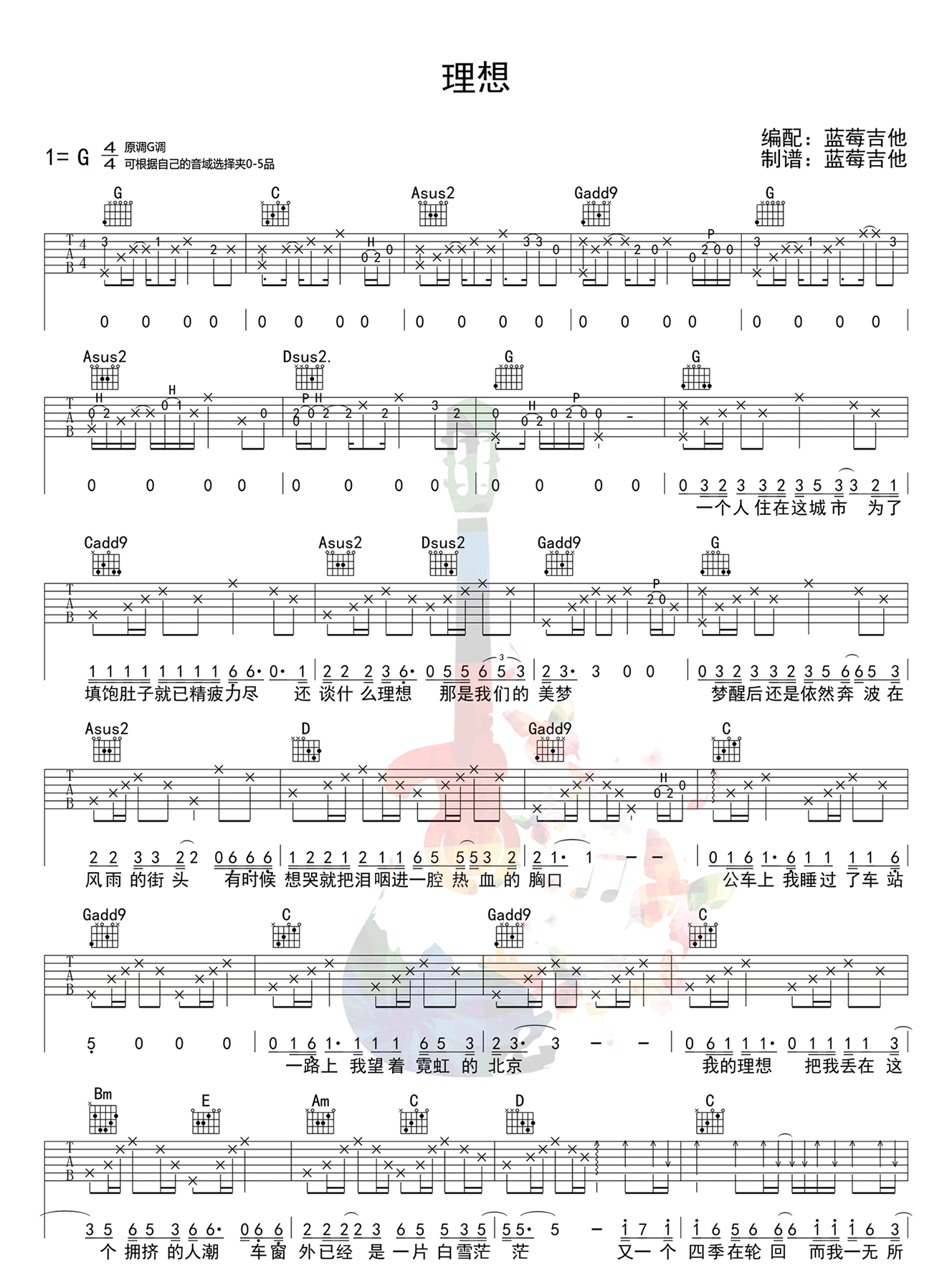 《理想吉他谱》_赵雷_G调_吉他图片谱3张 图1