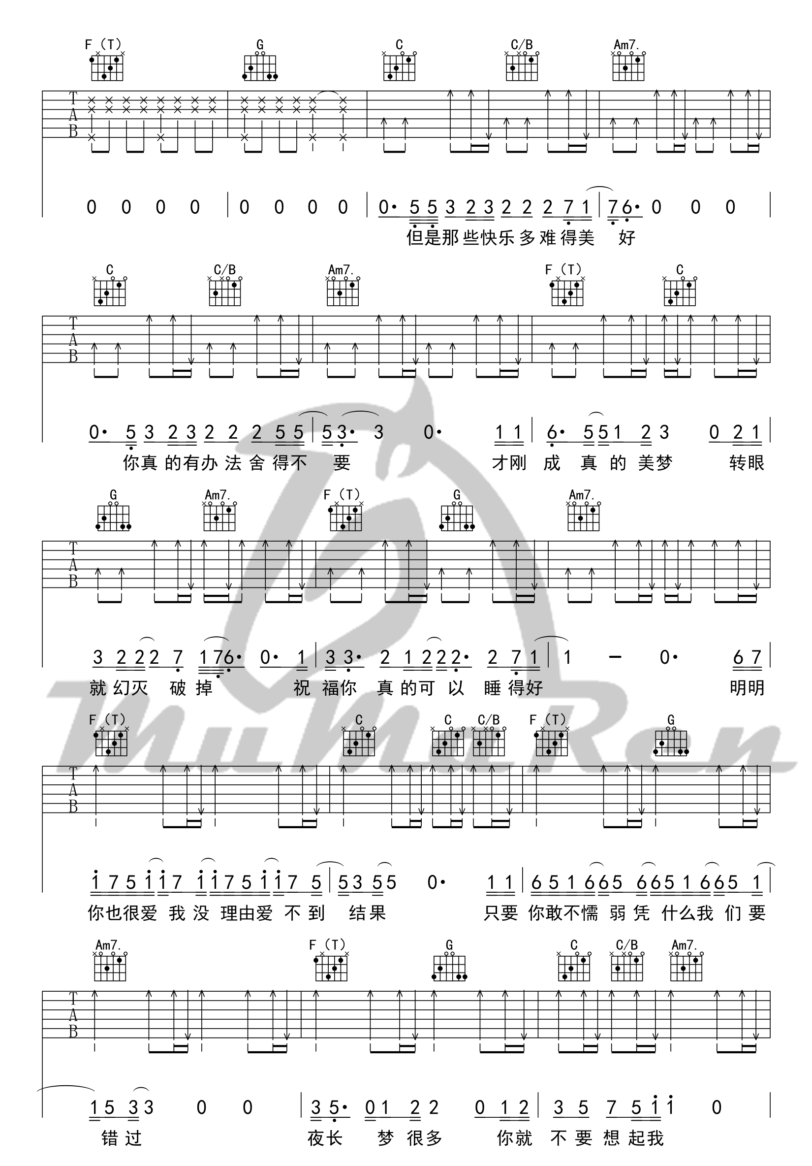 《你就不要想起我》吉他谱-田馥甄-C调弹唱六线谱-高清图片谱-吉他源
