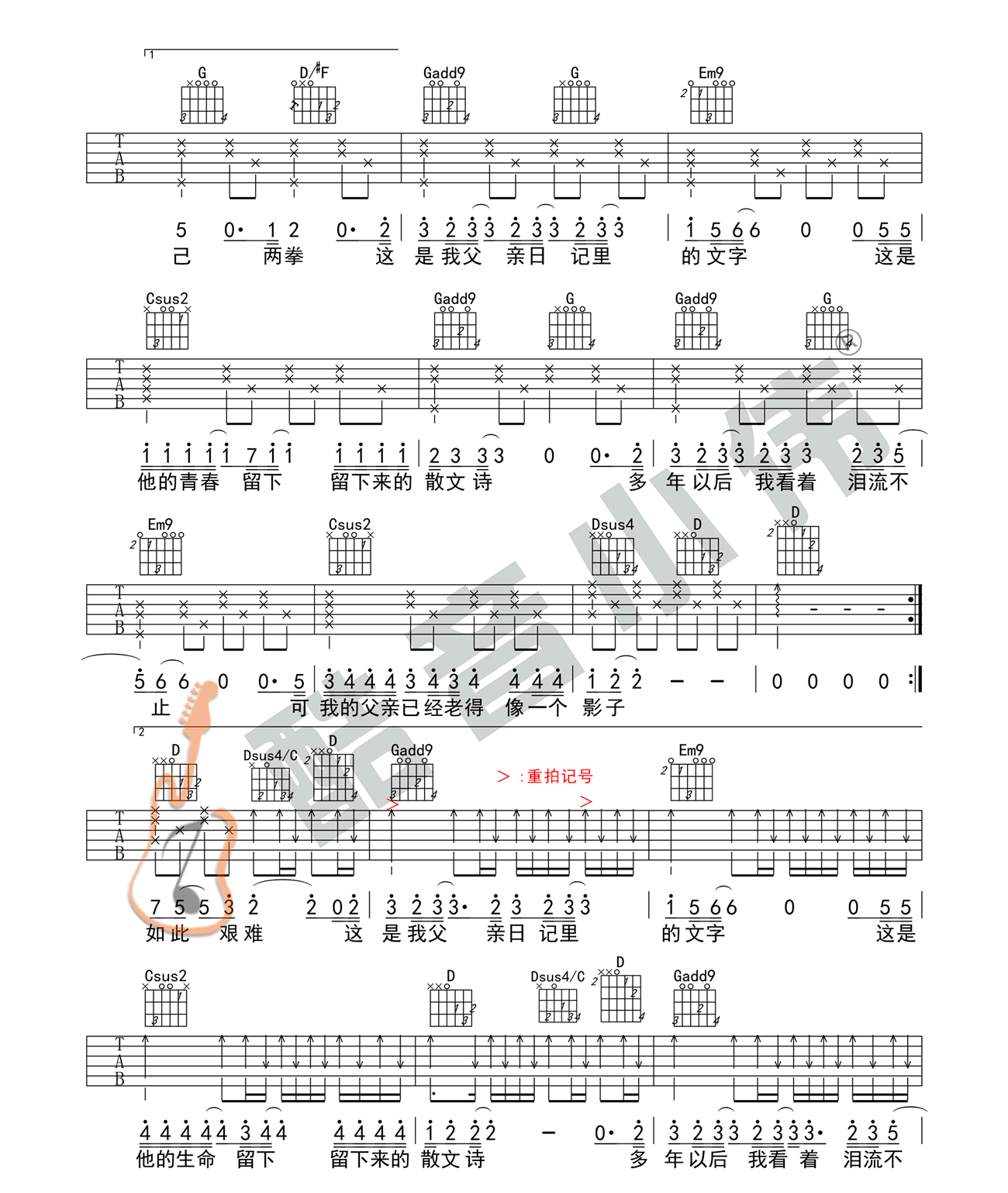 《父亲的散文诗吉他谱》_许飞_李健_C调图片谱标准版_C调_吉他图片谱5张 图3