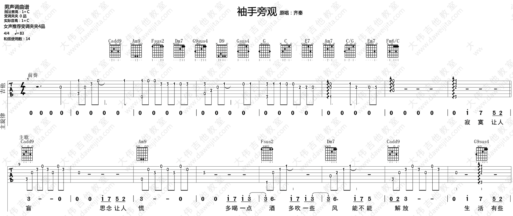 《袖手旁观吉他谱》_齐秦_C调_吉他图片谱4张 图2