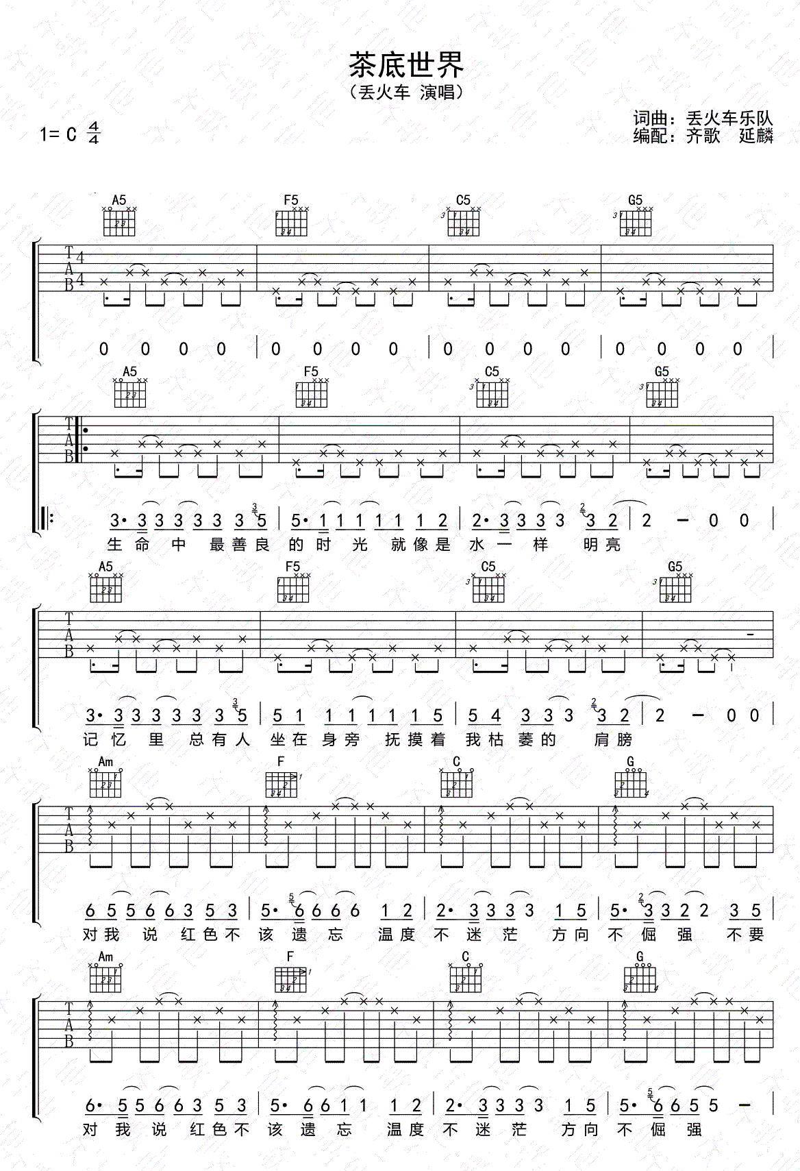《茶底世界吉他谱》_丢火车乐队_C调_吉他图片谱3张 图1