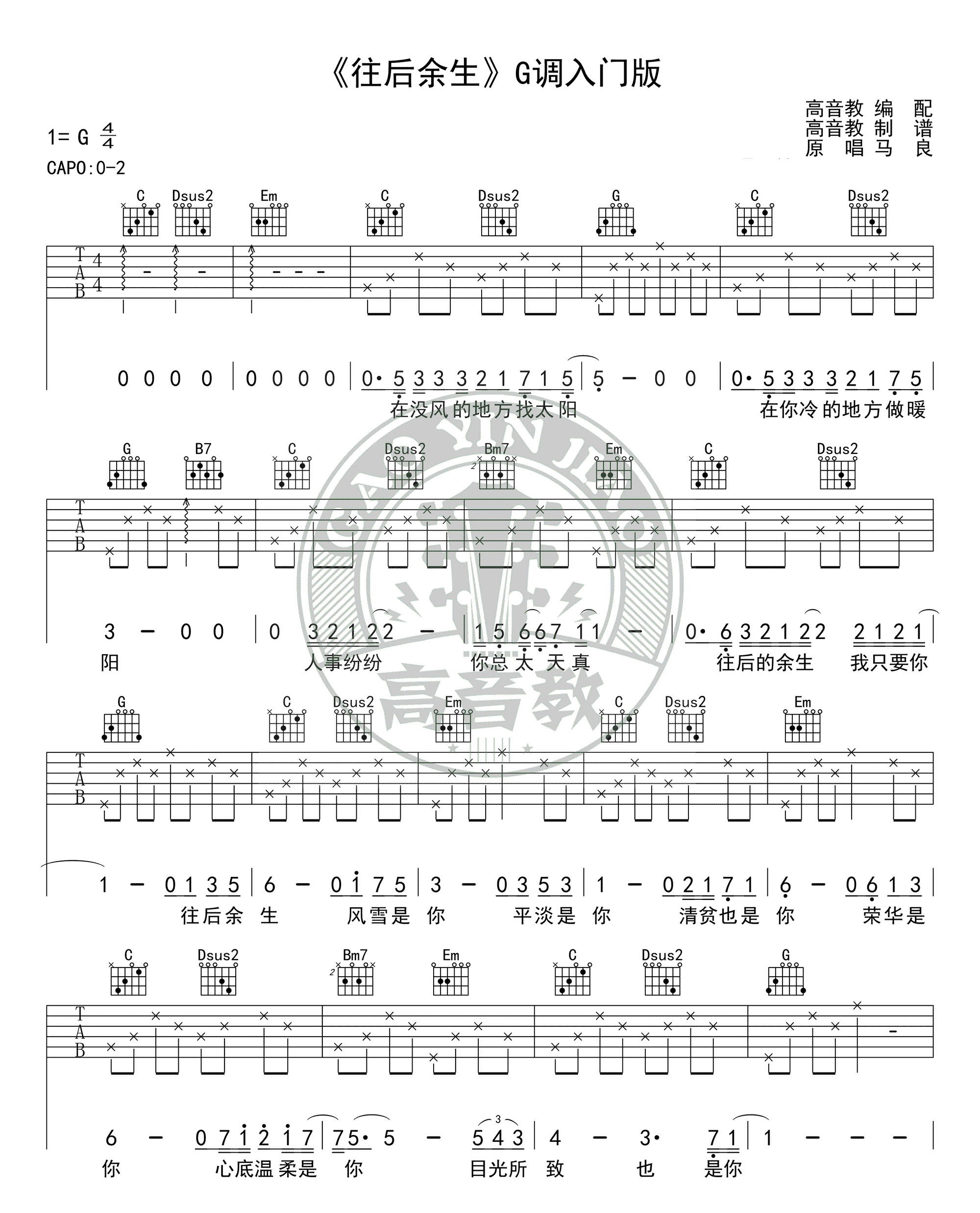 《往后余生吉他谱》_马良、孙茜茹_G调入门版_马良_图片谱完整版_G调_吉他图片谱3张 图2