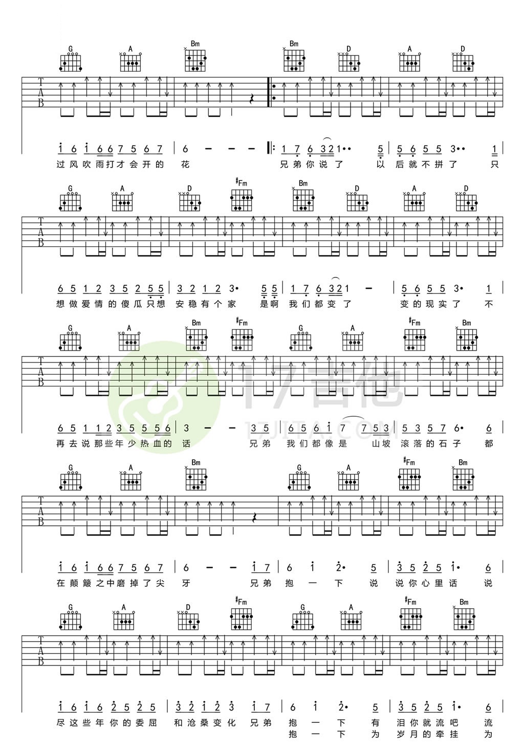 《兄弟抱一下吉他谱》_庞龙_吉他弹唱谱完整版__吉他图片谱4张 图3