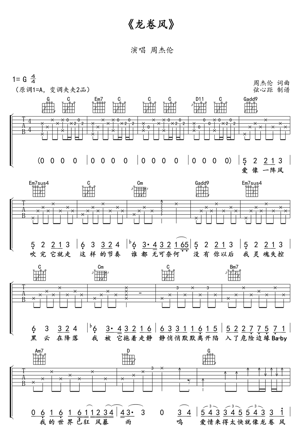 《龙卷风(G调指法)吉他谱》_空灵鼓李雨红_周杰伦_G调指法完整版_G调_吉他图片谱3张 图2