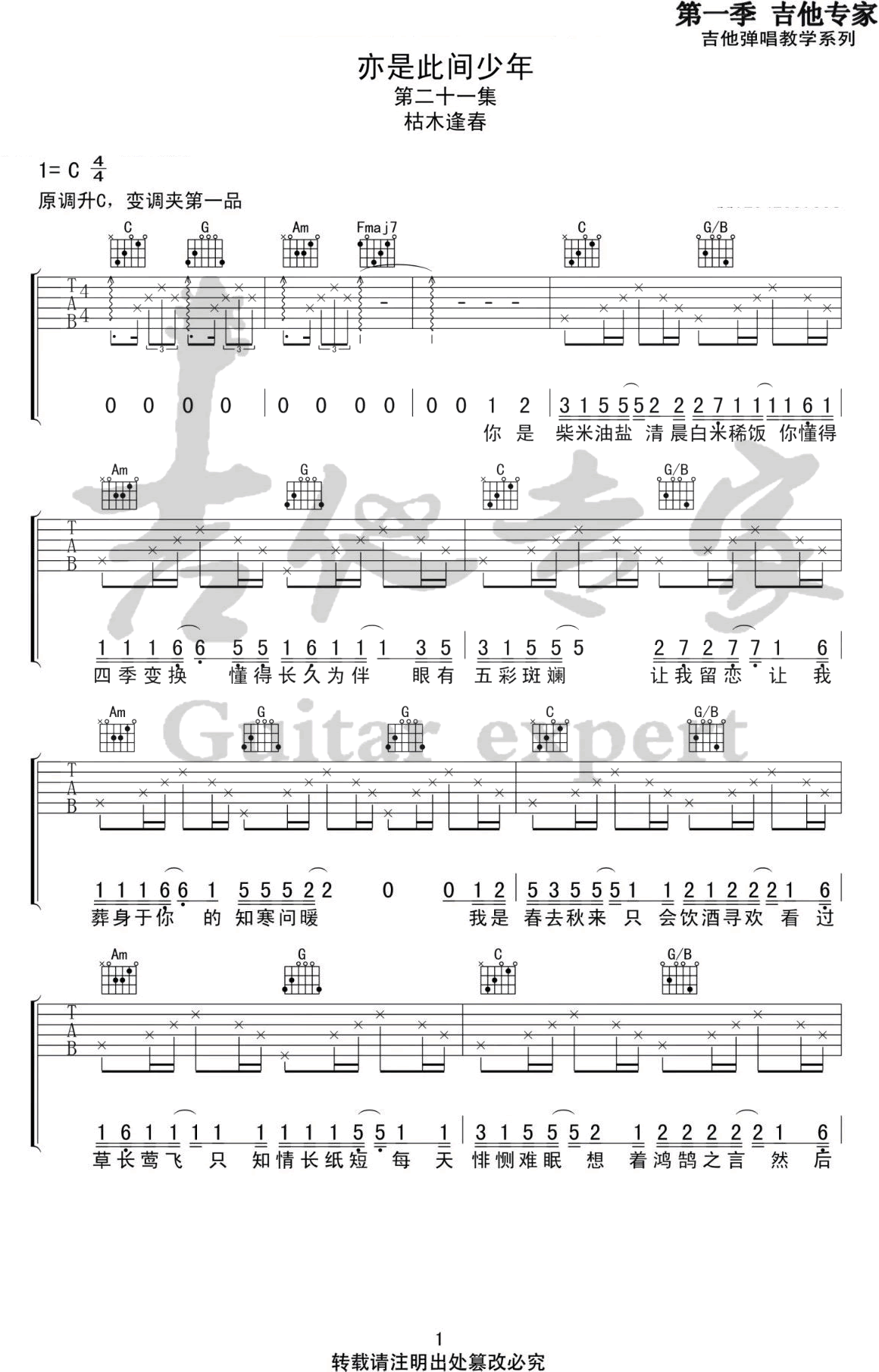 《亦是此间少年 枯木逢春 G调 弹唱六线谱吉他谱》_群星_G调_吉他图片谱2张 图2