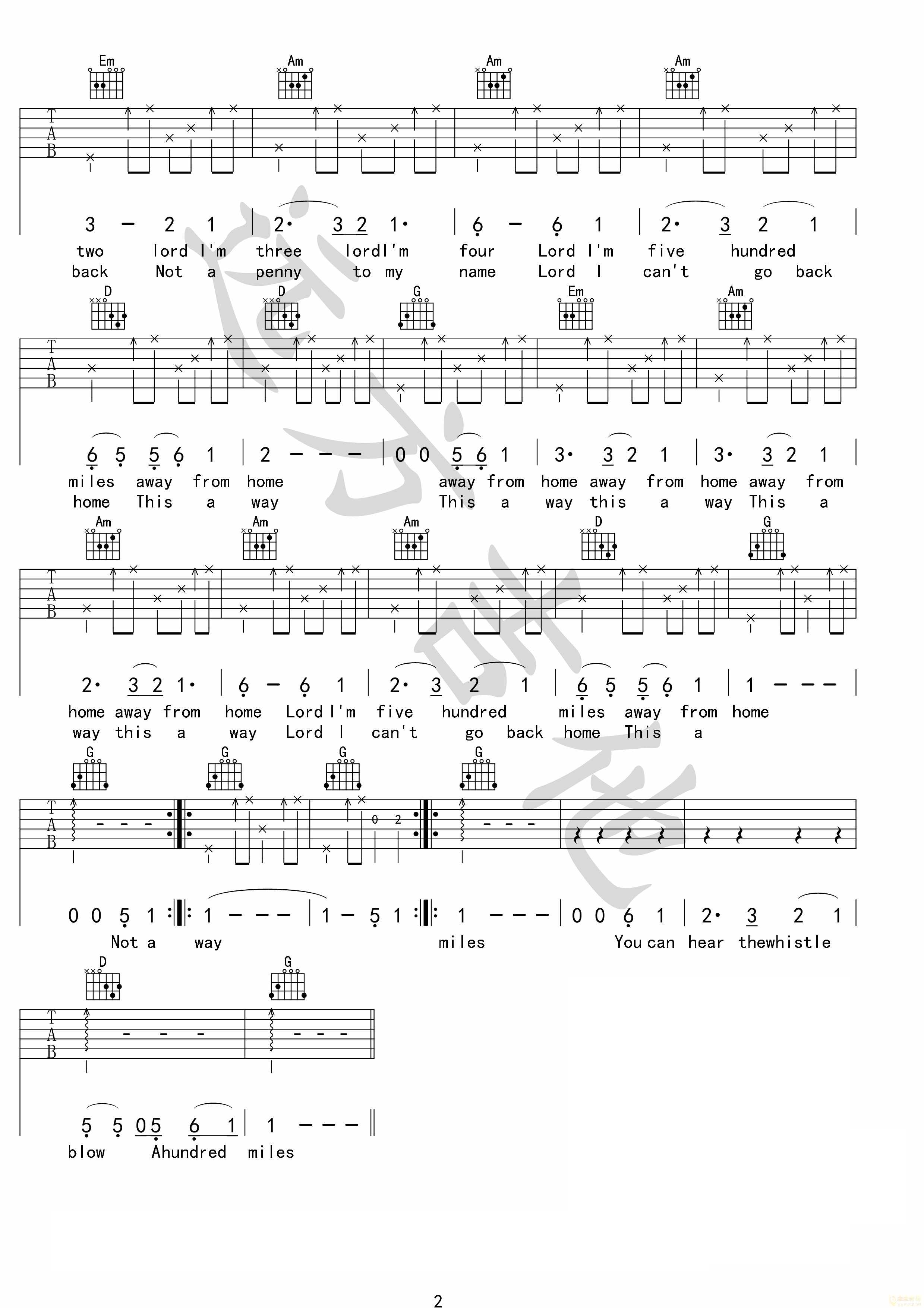 《500英里吉他谱》_群星_G调_吉他图片谱2张 图2